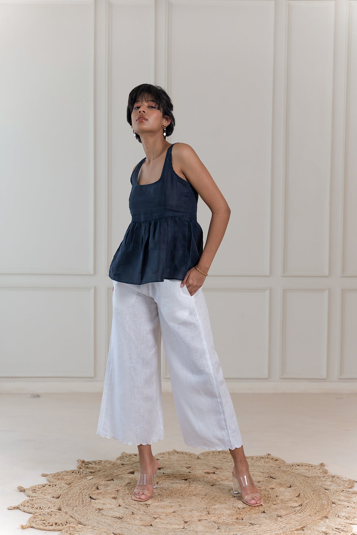 MARTHA LINEN CUTWORK PANTS - White