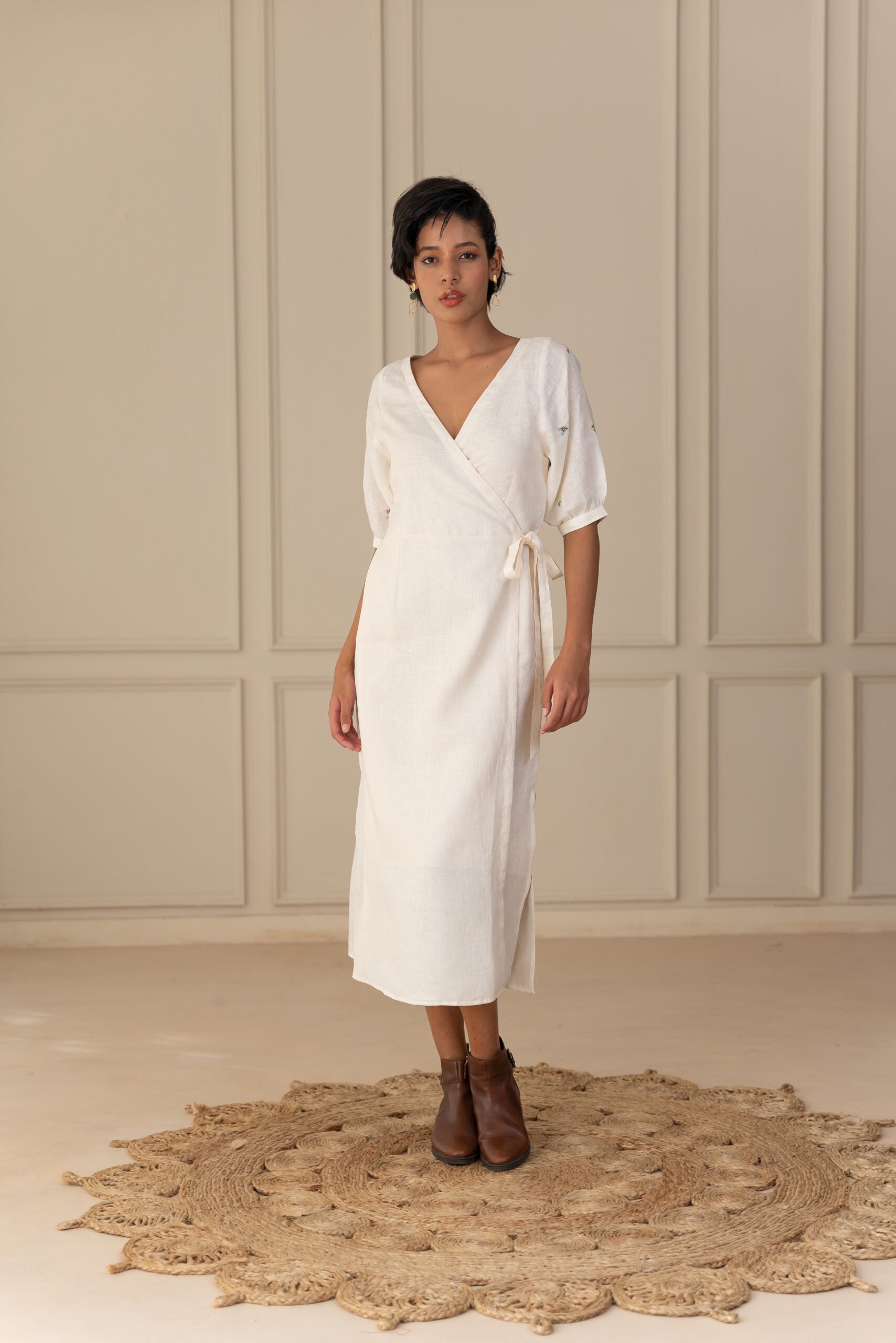 GAIA LINEN WRAP DRESS - Off White