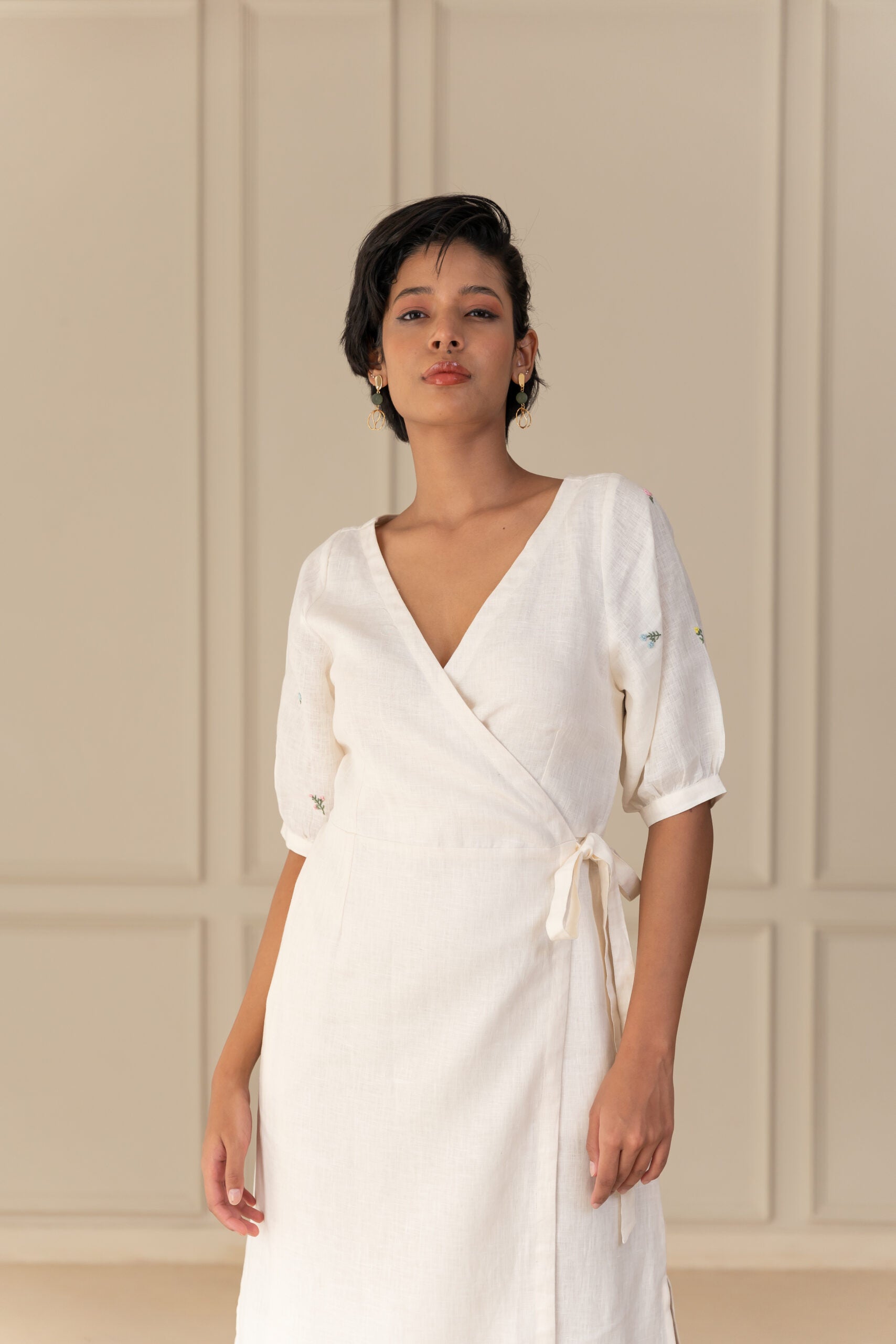 GAIA LINEN WRAP DRESS - Off White