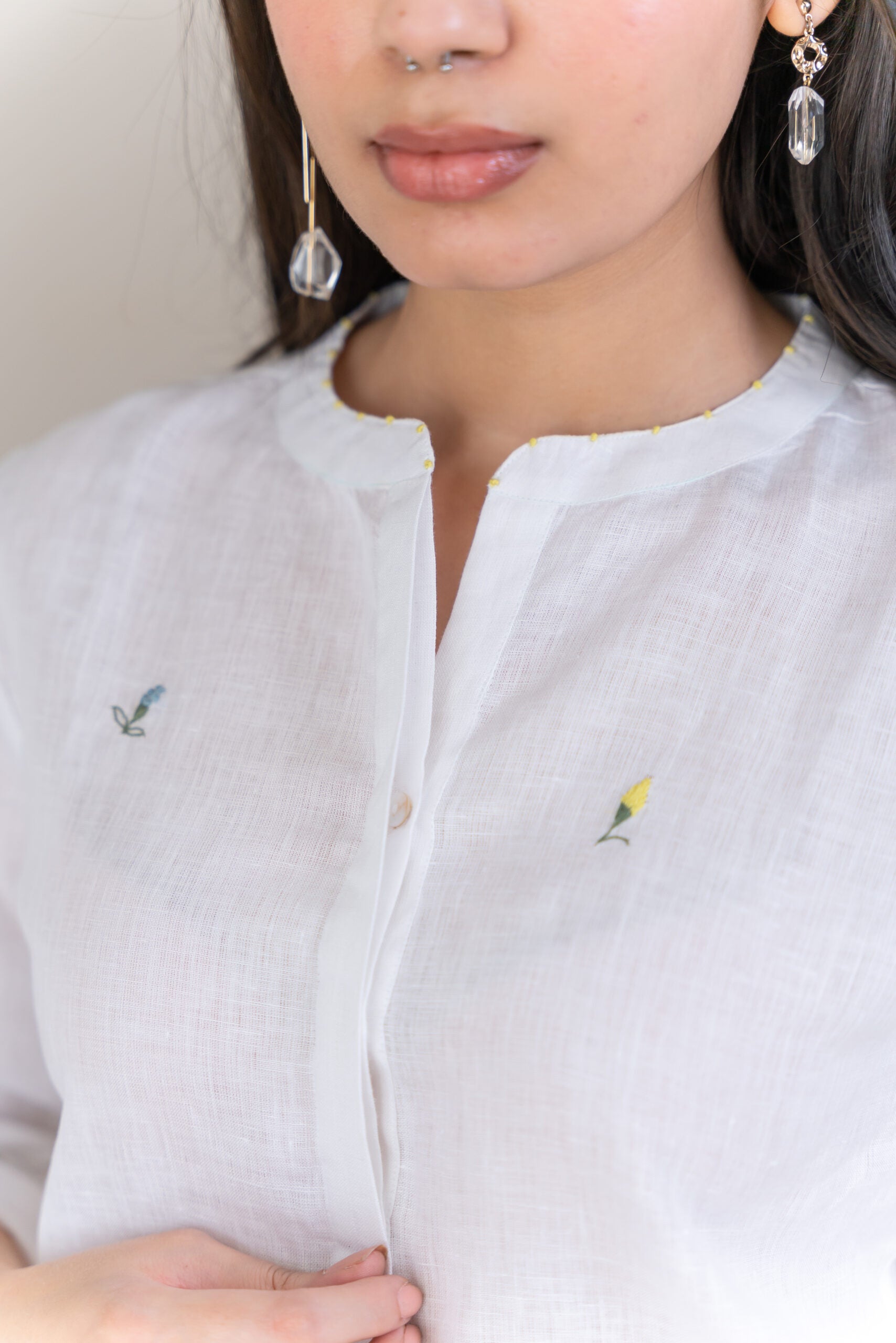 Stella Linen Half Placket Top - White