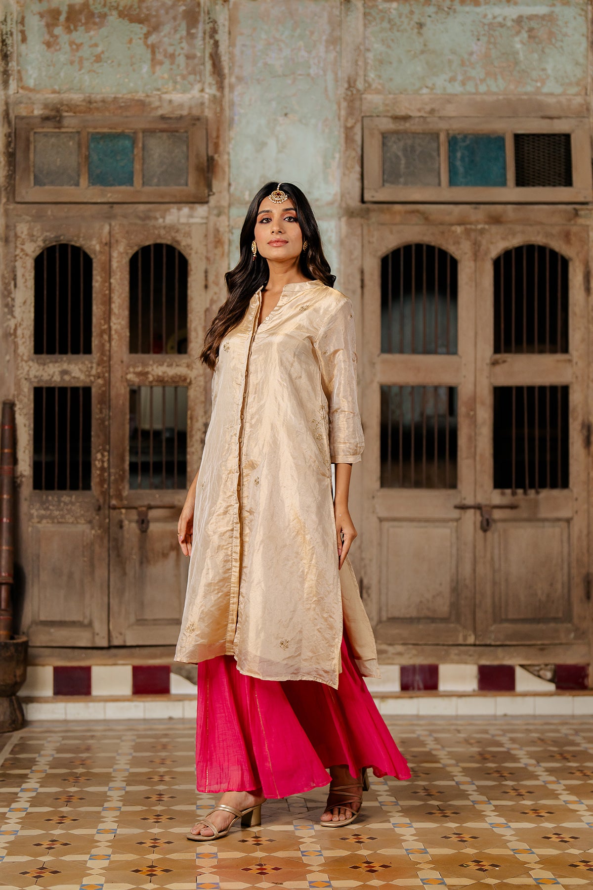 Mahira Buttoned Tissue kurta with Chanderi silk Sharara - Gold and Pink