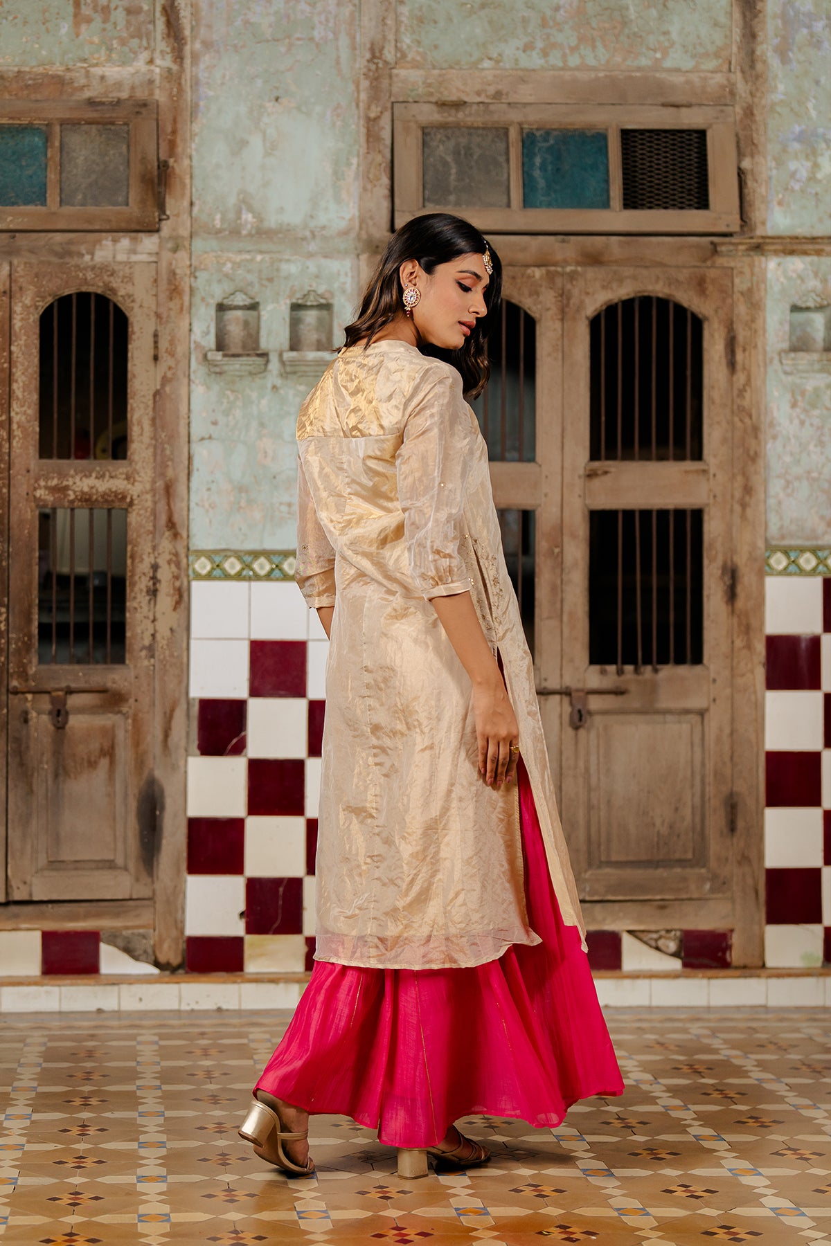 Mahira Buttoned Tissue kurta with Chanderi silk Sharara - Gold and Pink