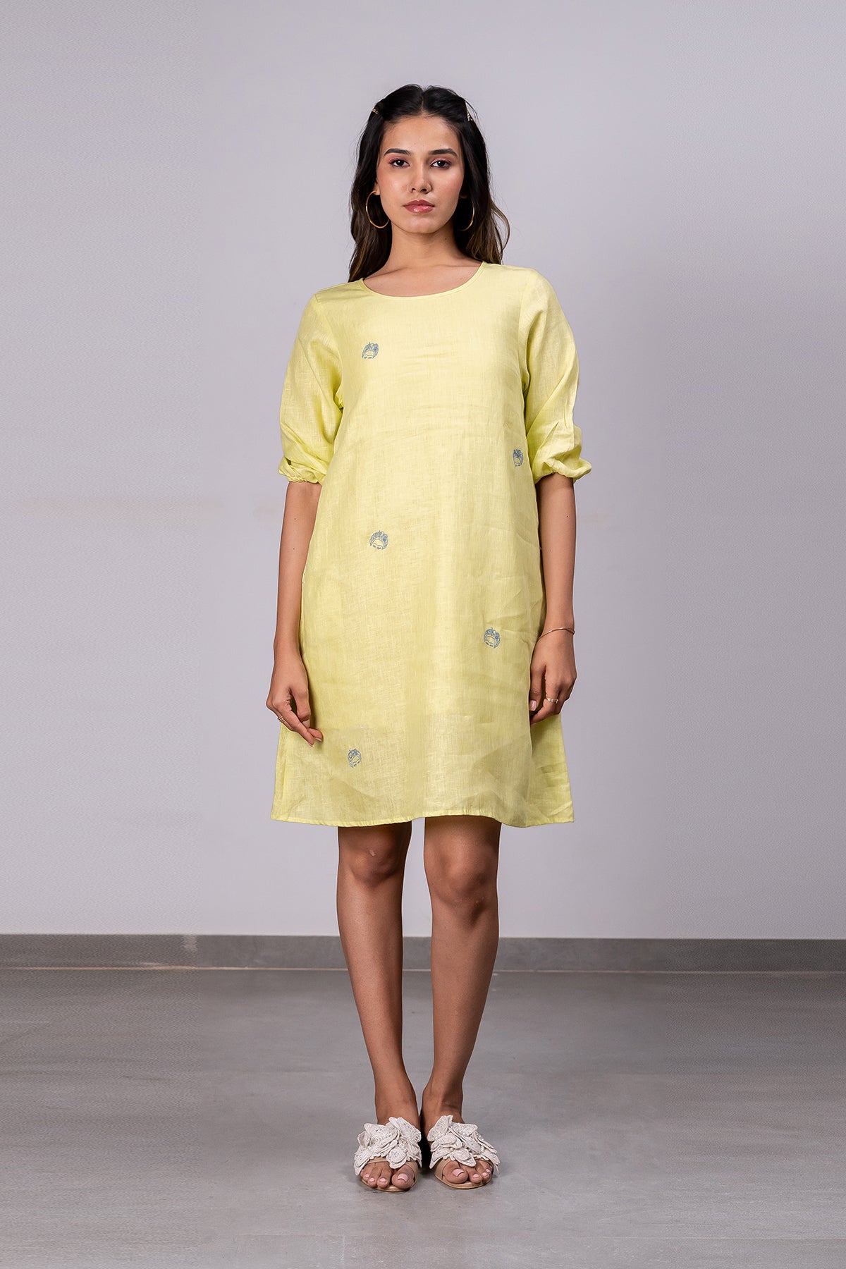 Marie Linen A – Line Short Dress With Pockets – Lime