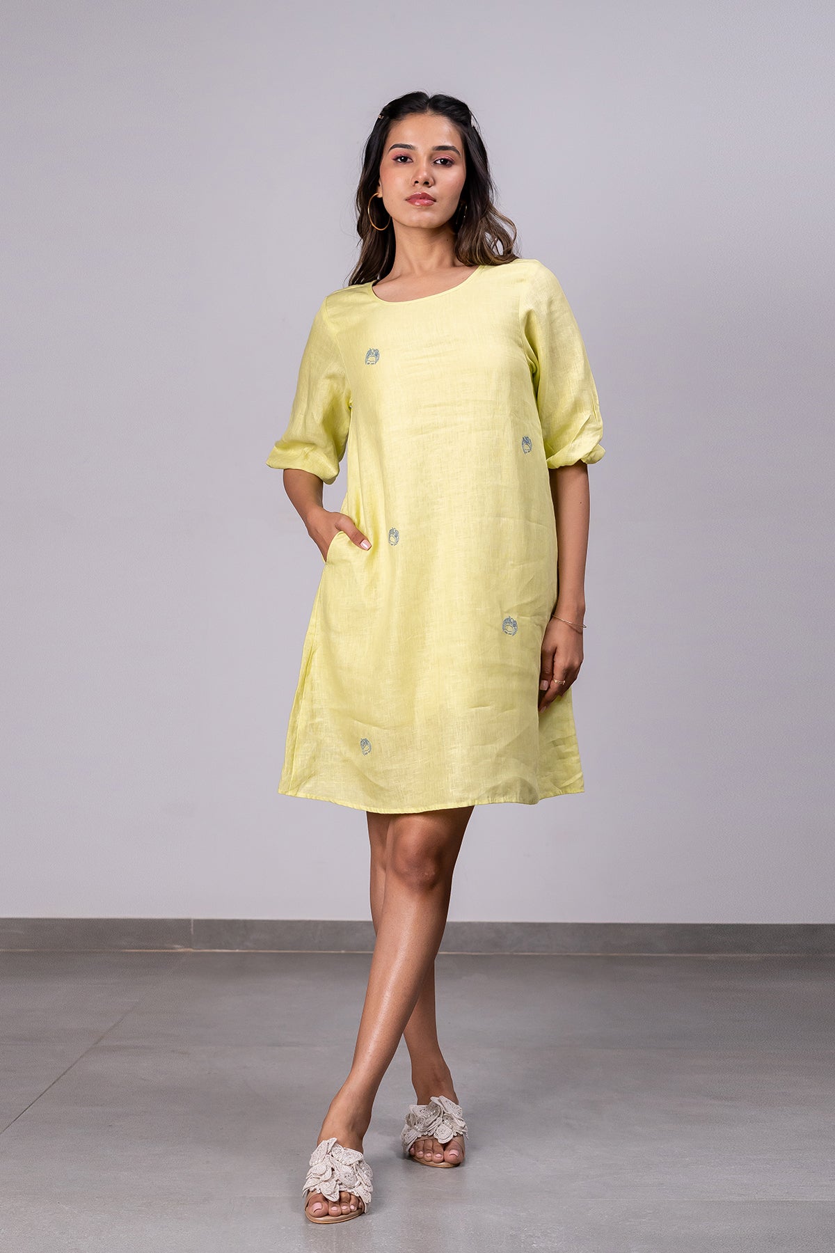 Marie Linen A- Line Short Dress with pockets - Lime Marie Linen A- Line Short Dress with pockets - Lime