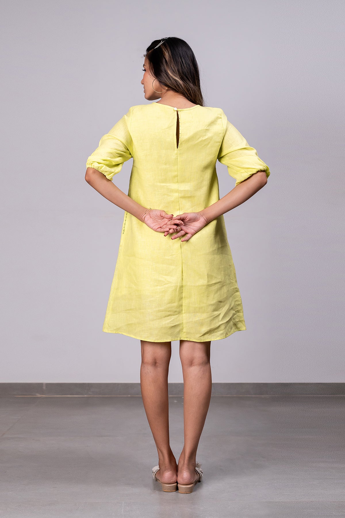 Marie Linen A – Line Short Dress With Pockets – Lime