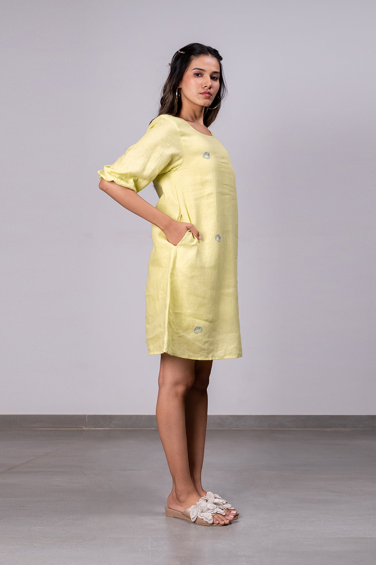 Marie Linen A- Line Short Dress with pockets - Lime