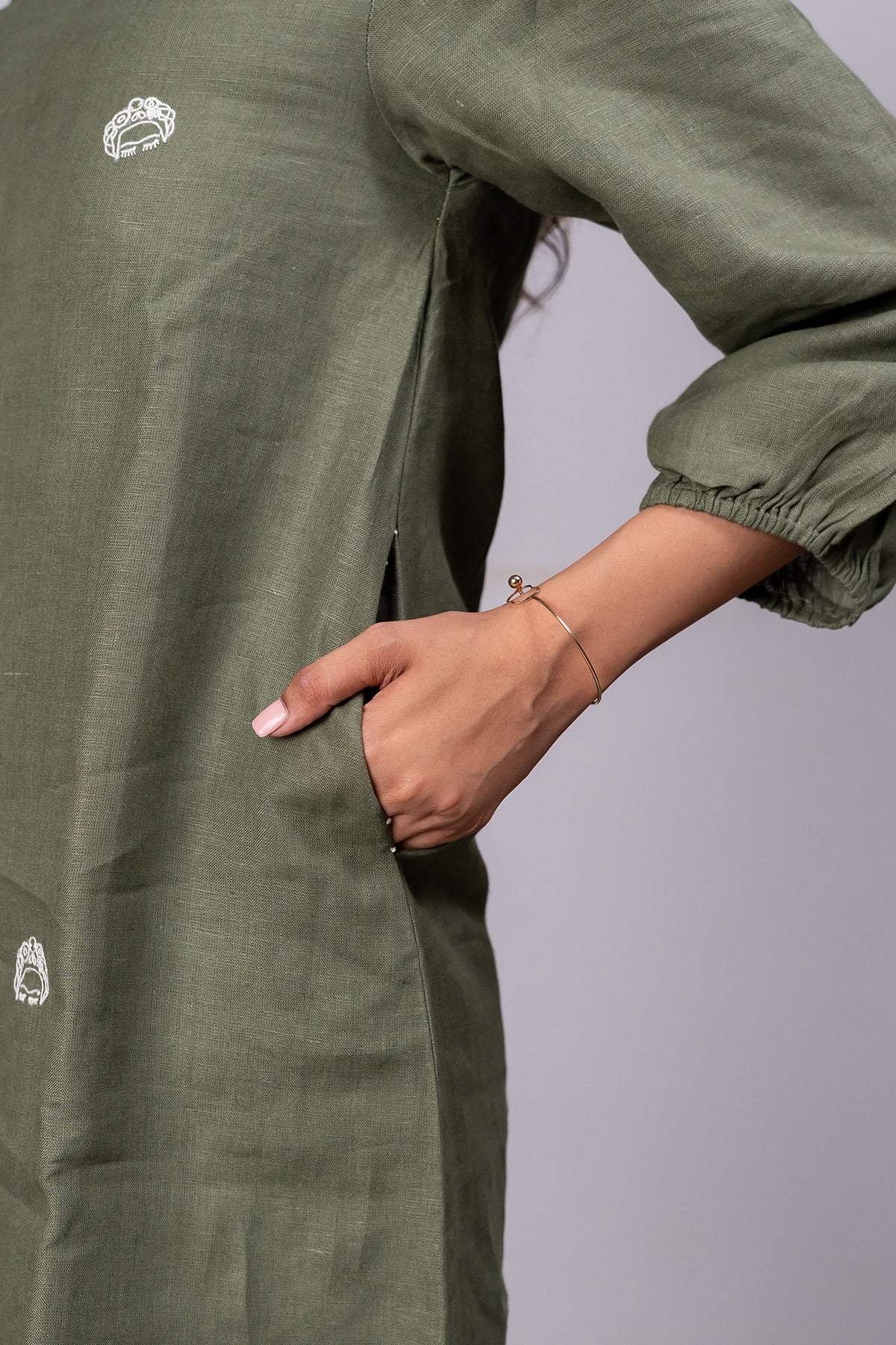 Marie Linen A- Line Short Dress With Pockets – Olive Green