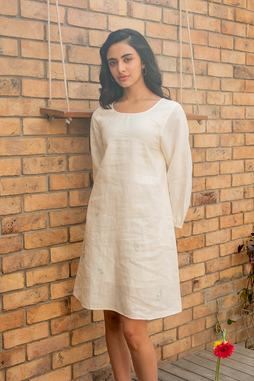 Marie Linen A- Line Short Dress With Pockets - Off White M Marie Linen A- Line Short Dress With Pockets - Off White M