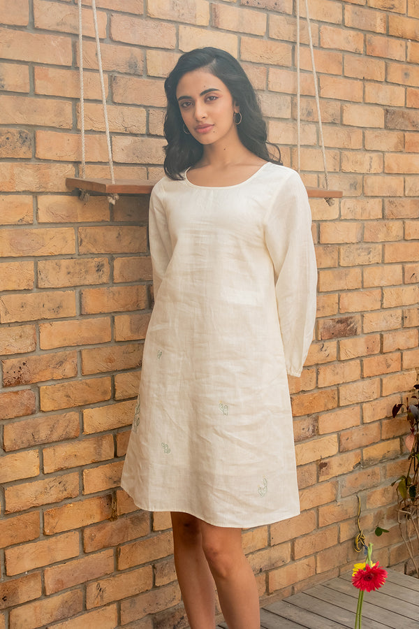 Marie Linen A – Line Short Dress With Pockets – Off-white