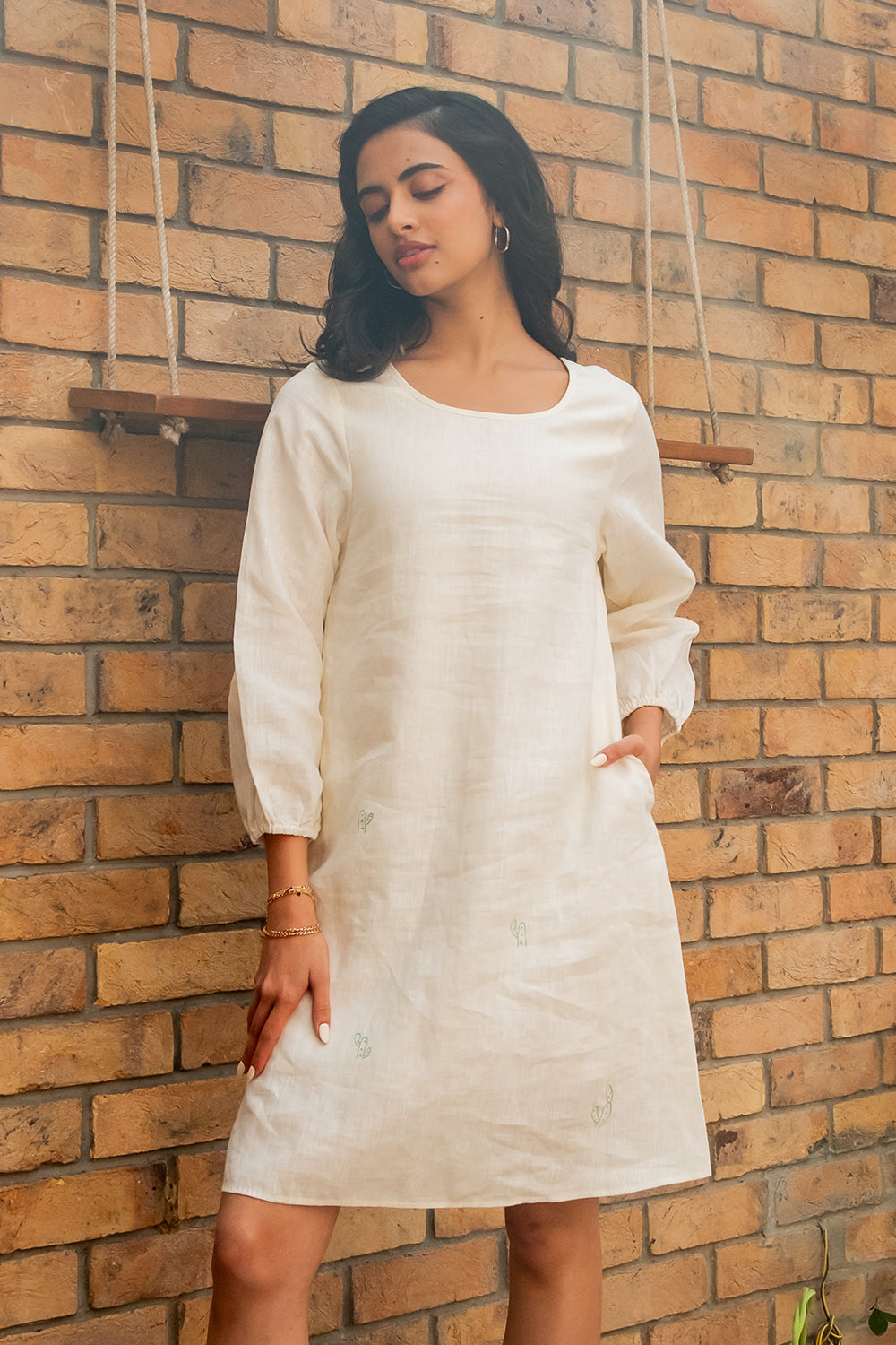 Marie Linen A- Line Short Dress With Pockets - Off White