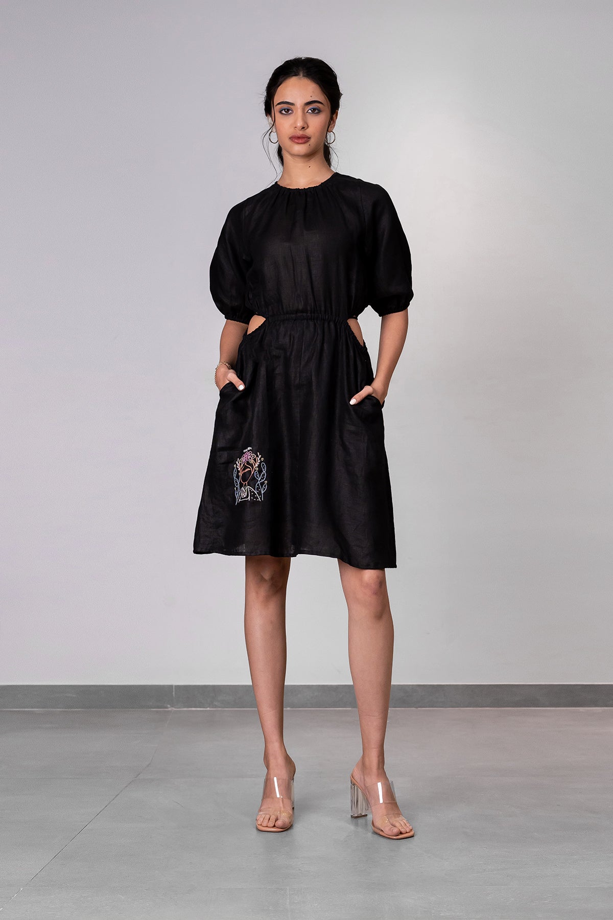 Marlow Linen Side Cut Waist Short Dress with Pockets - Black