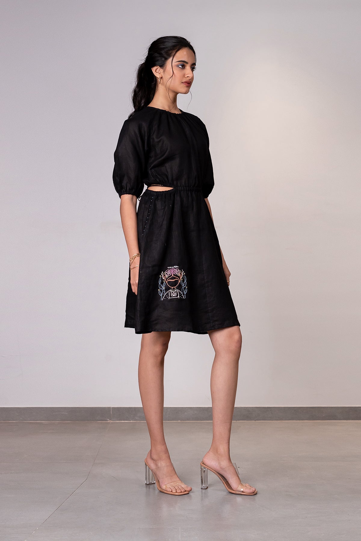 Marlow Linen Side Cut Waist Short Dress with Pockets - Black