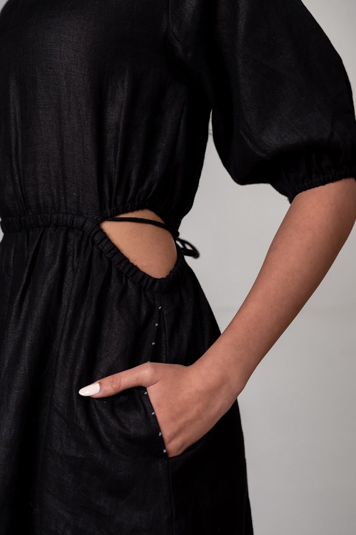 Marlow Linen Side Cut Waist Short Dress with Pockets - Black