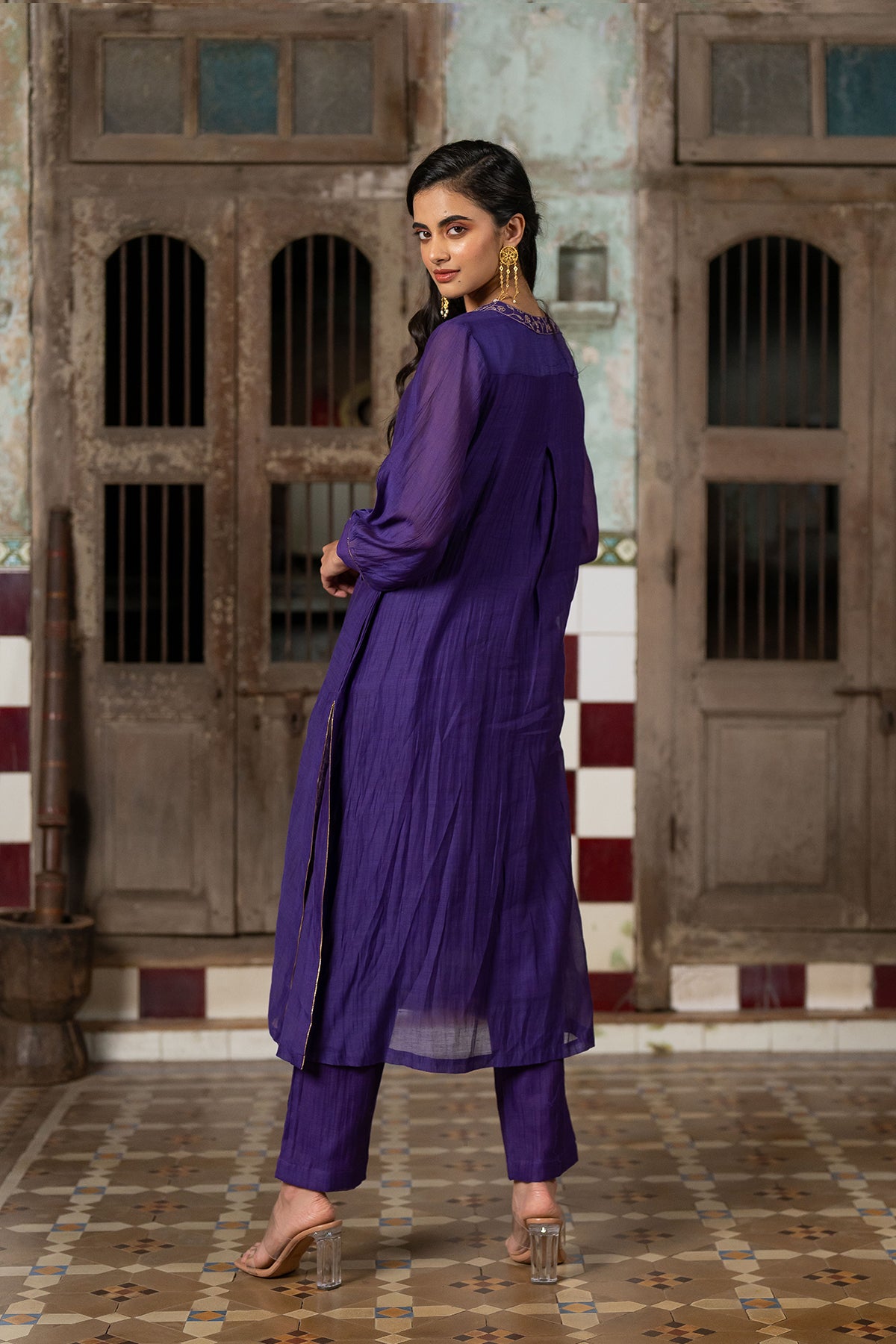 Mayur Chanderi Silk A-line Kurta with Pants - Purple