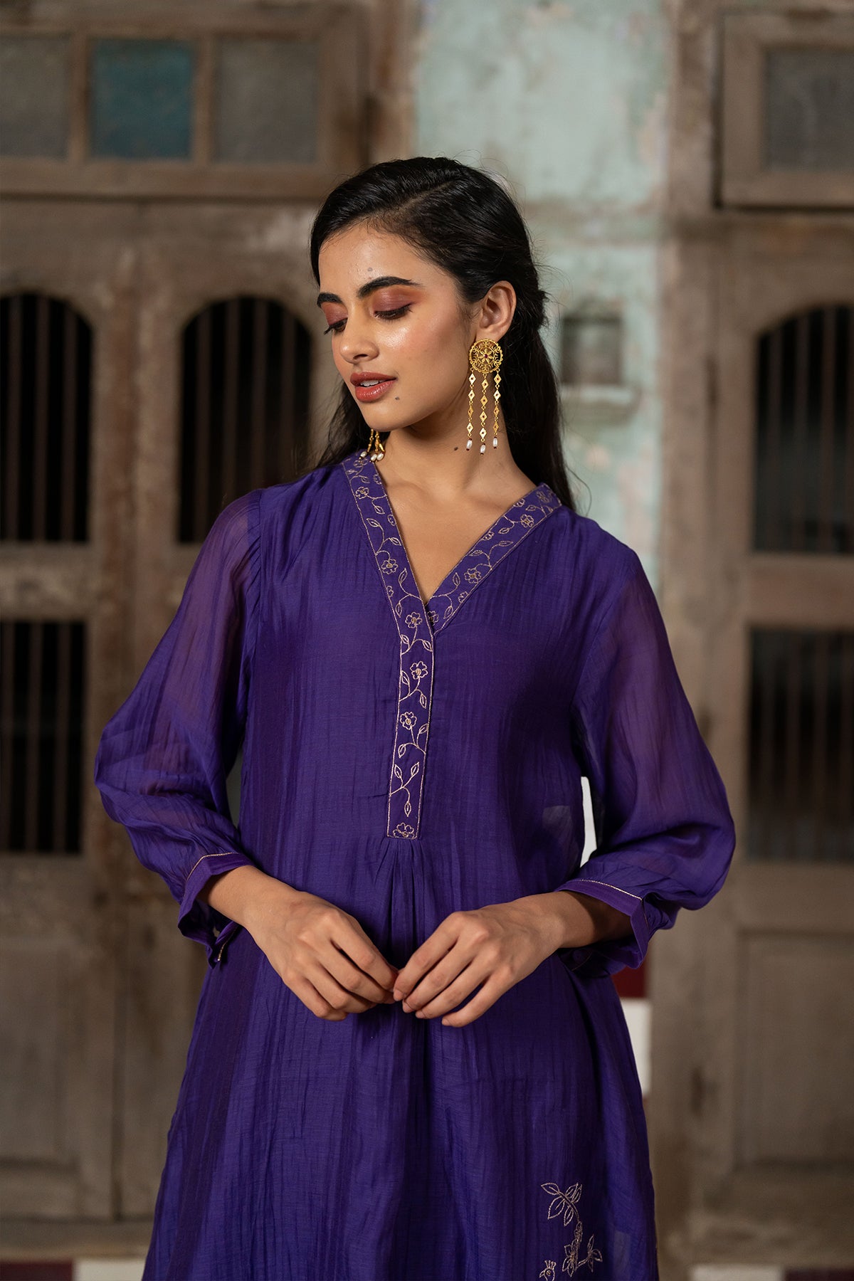 Mayur Chanderi Silk A-line Kurta with Pants - Purple