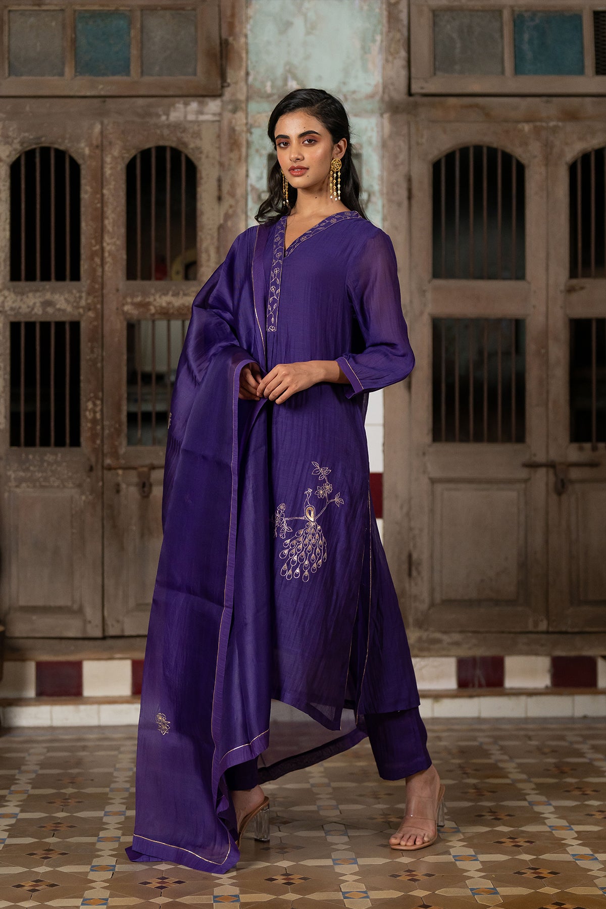 Mayur Chanderi Silk A-line Kurta with Pants - Purple