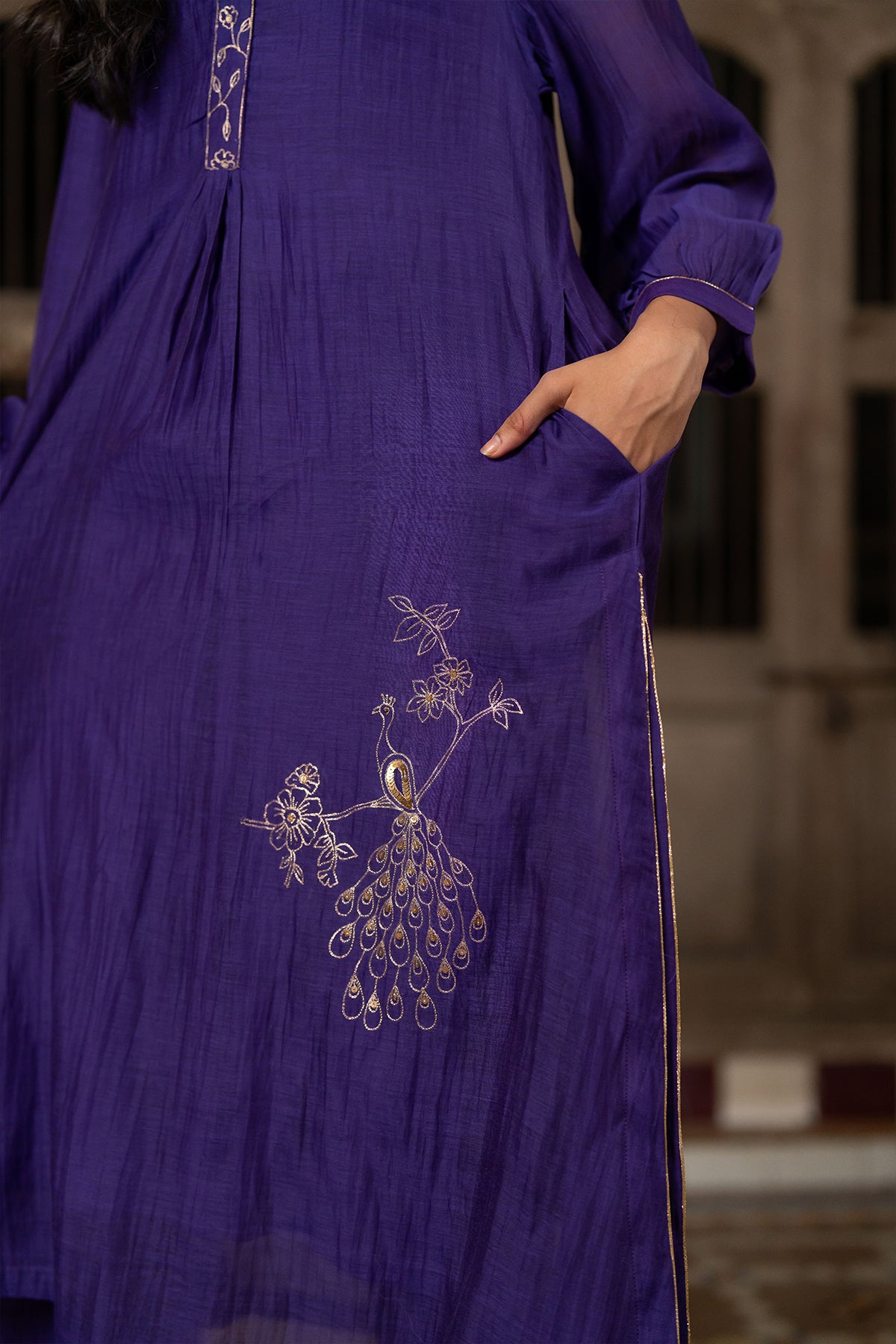 Mayur Chanderi Silk A-line Kurta with Pants - Purple