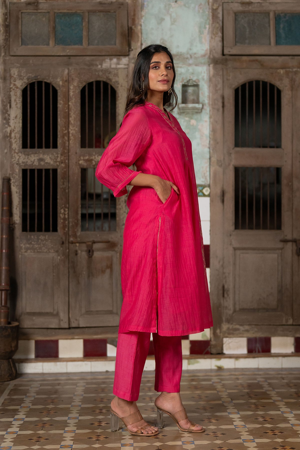 Mayur Chanderi Silk A-line Kurta with Pants - Pink