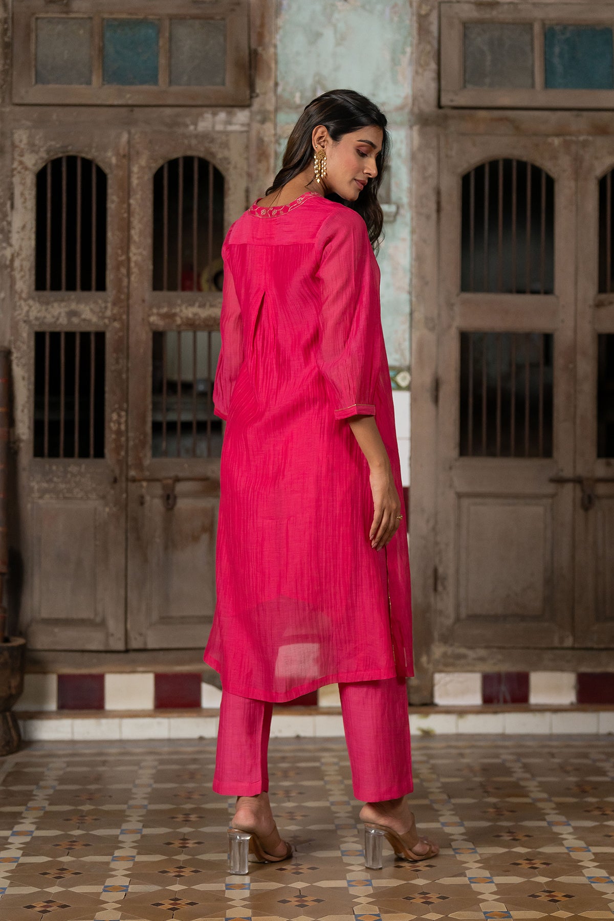 Mayur Chanderi Silk A-line Kurta with Pants - Pink