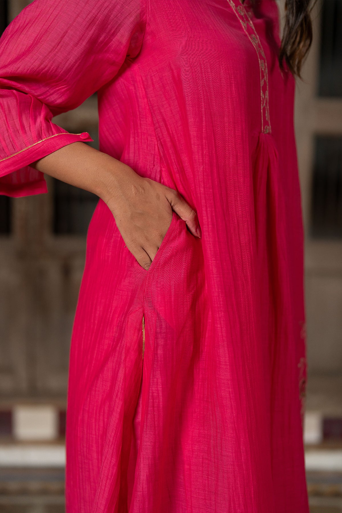 Mayur Chanderi Silk A-line Kurta with Pants - Pink