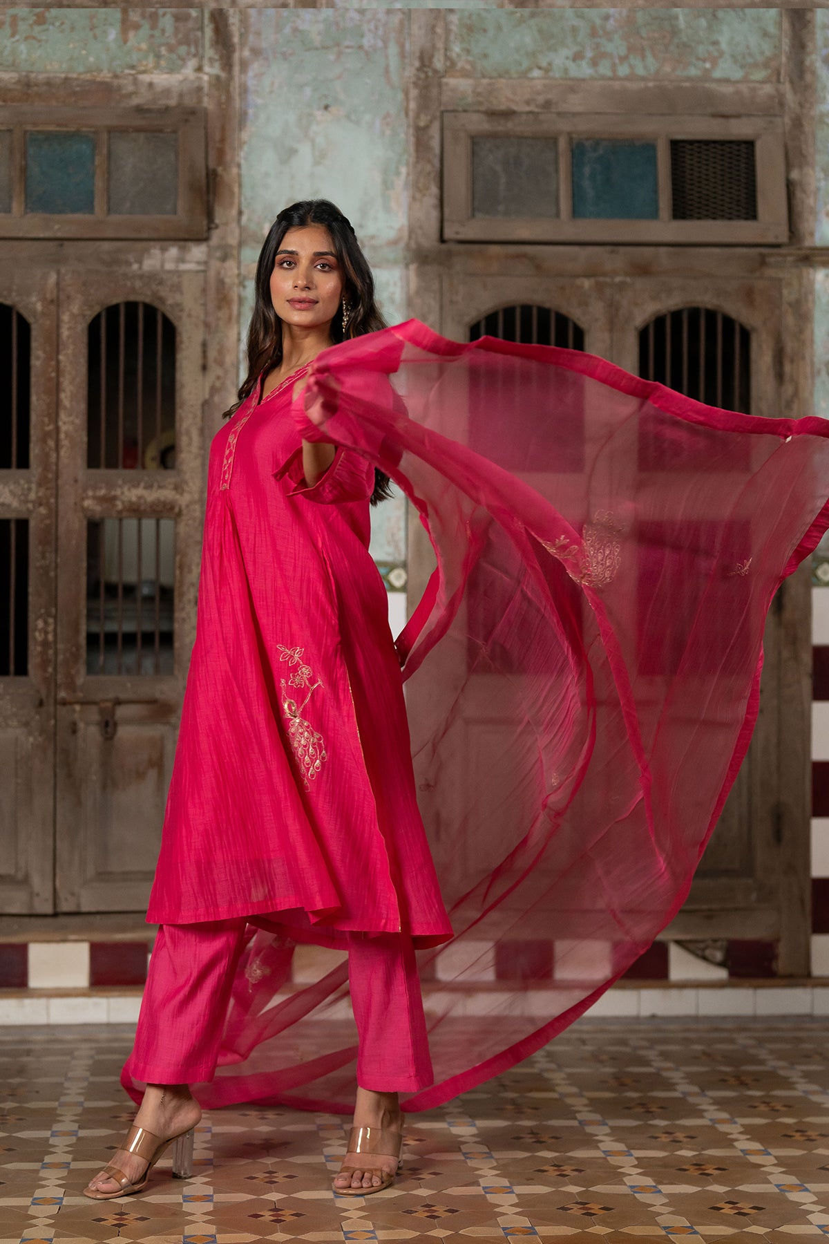 Mayur Chanderi Silk A-line Kurta with Pants - Pink