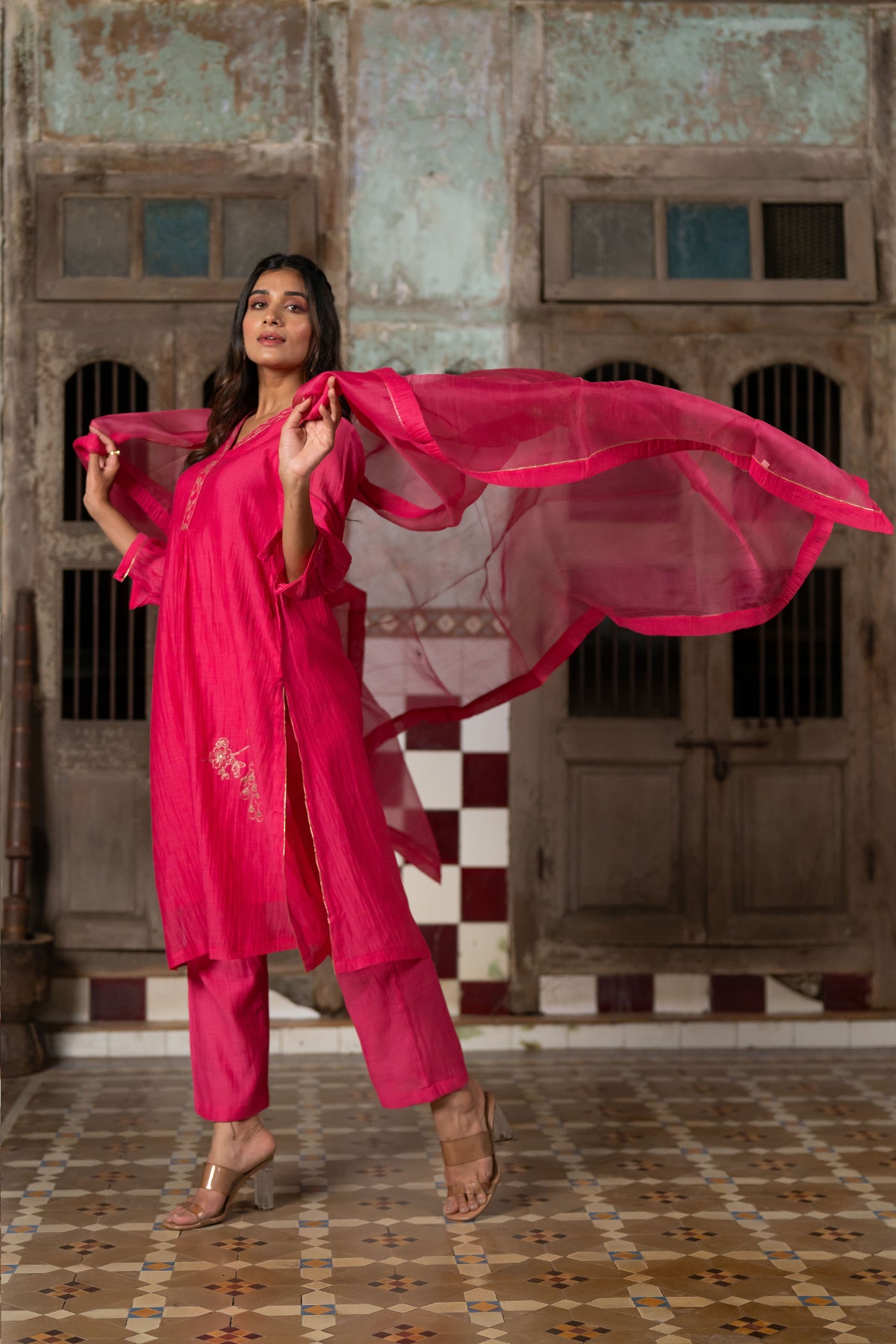 Mayur Chanderi Silk A-line Kurta with Pants - Pink