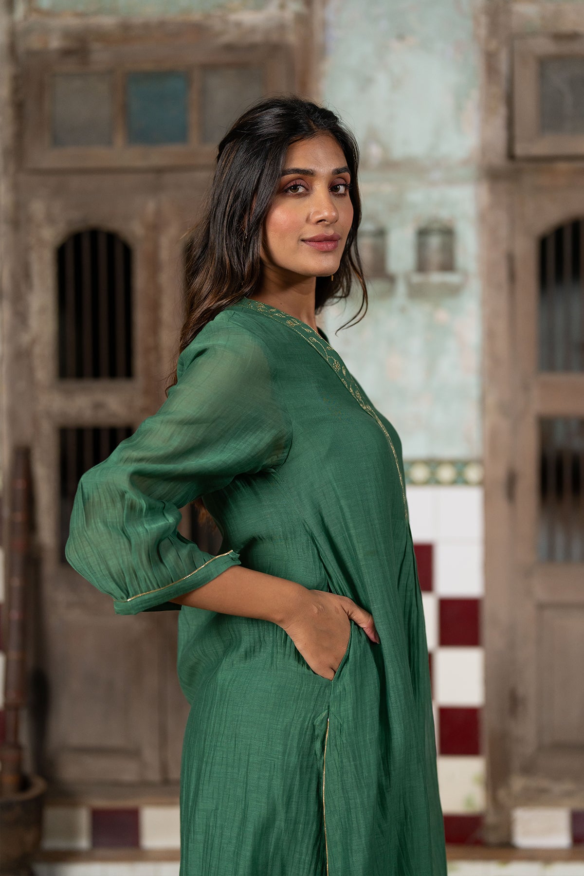 Mayur Chanderi Silk A-line Kurta with Pants - Green