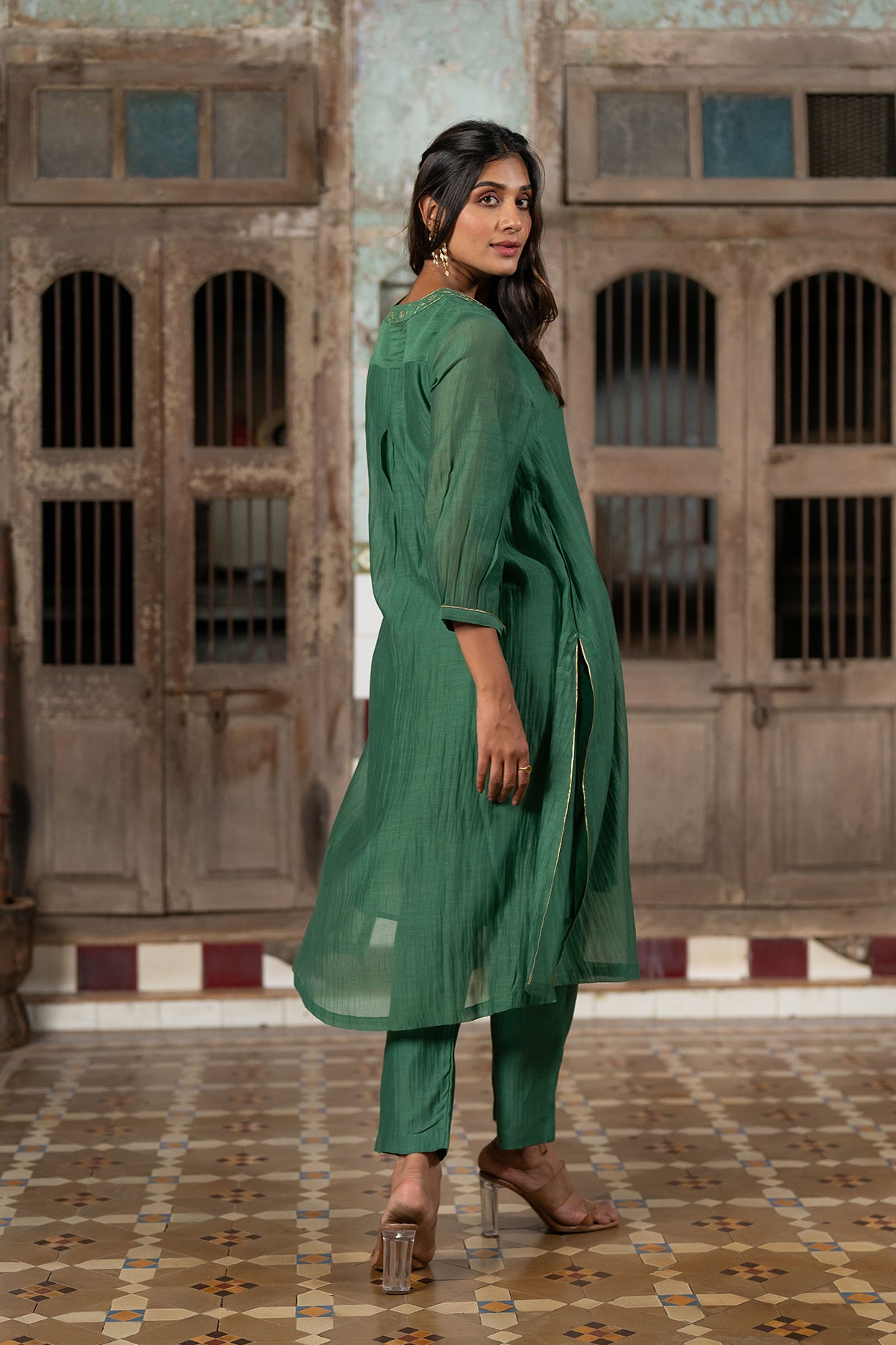 Mayur Chanderi Silk A-line Kurta with Pants - Green