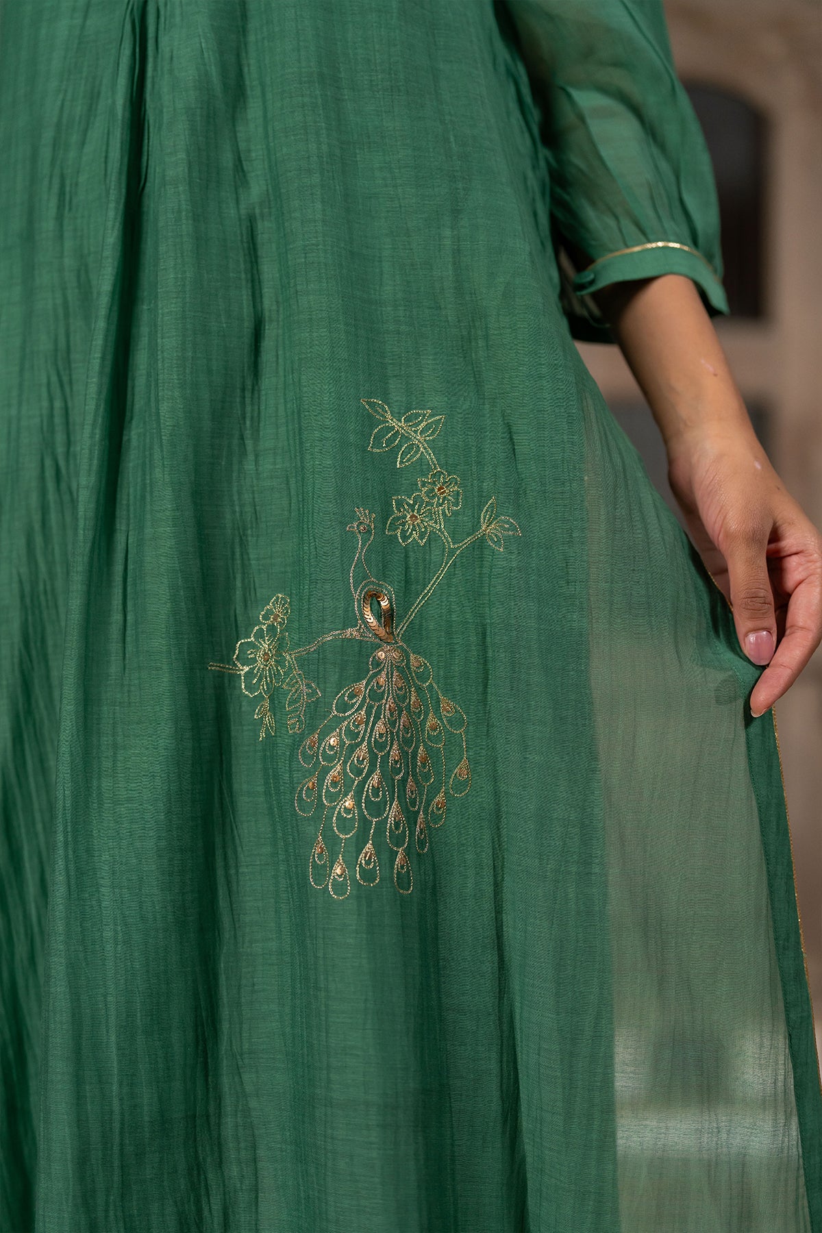 Mayur Chanderi Silk A-line Kurta with Pants - Green