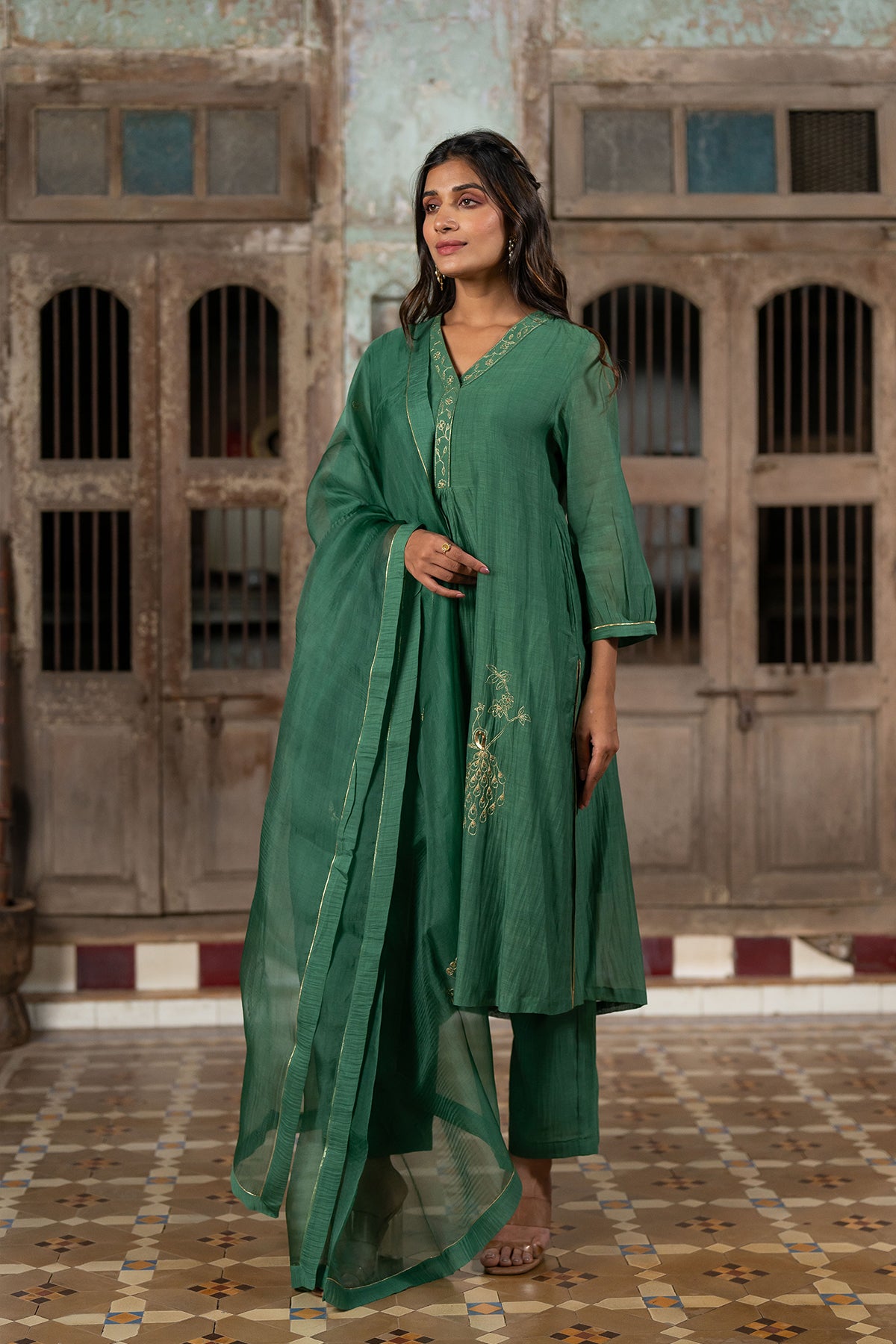 Mayur Silk Organza Dupatta - Green