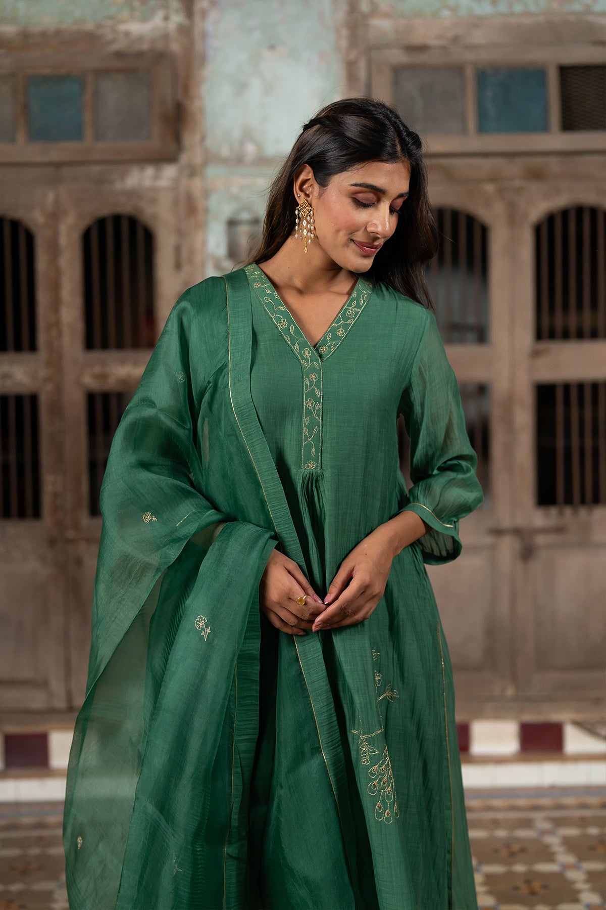 Mayur Silk Organza Dupatta - Green