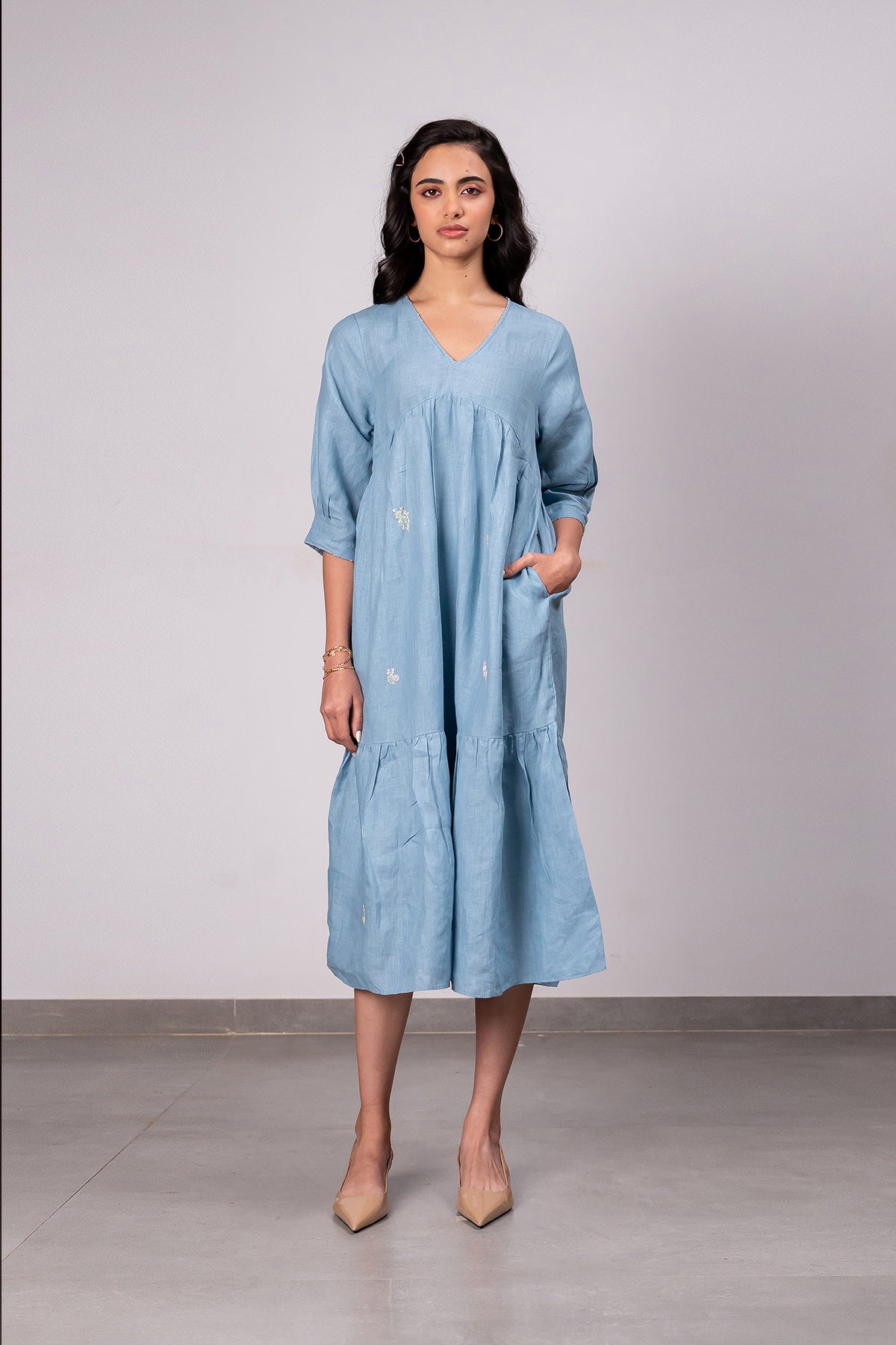 Meadow Linen Dress with pockets - Icy Blue