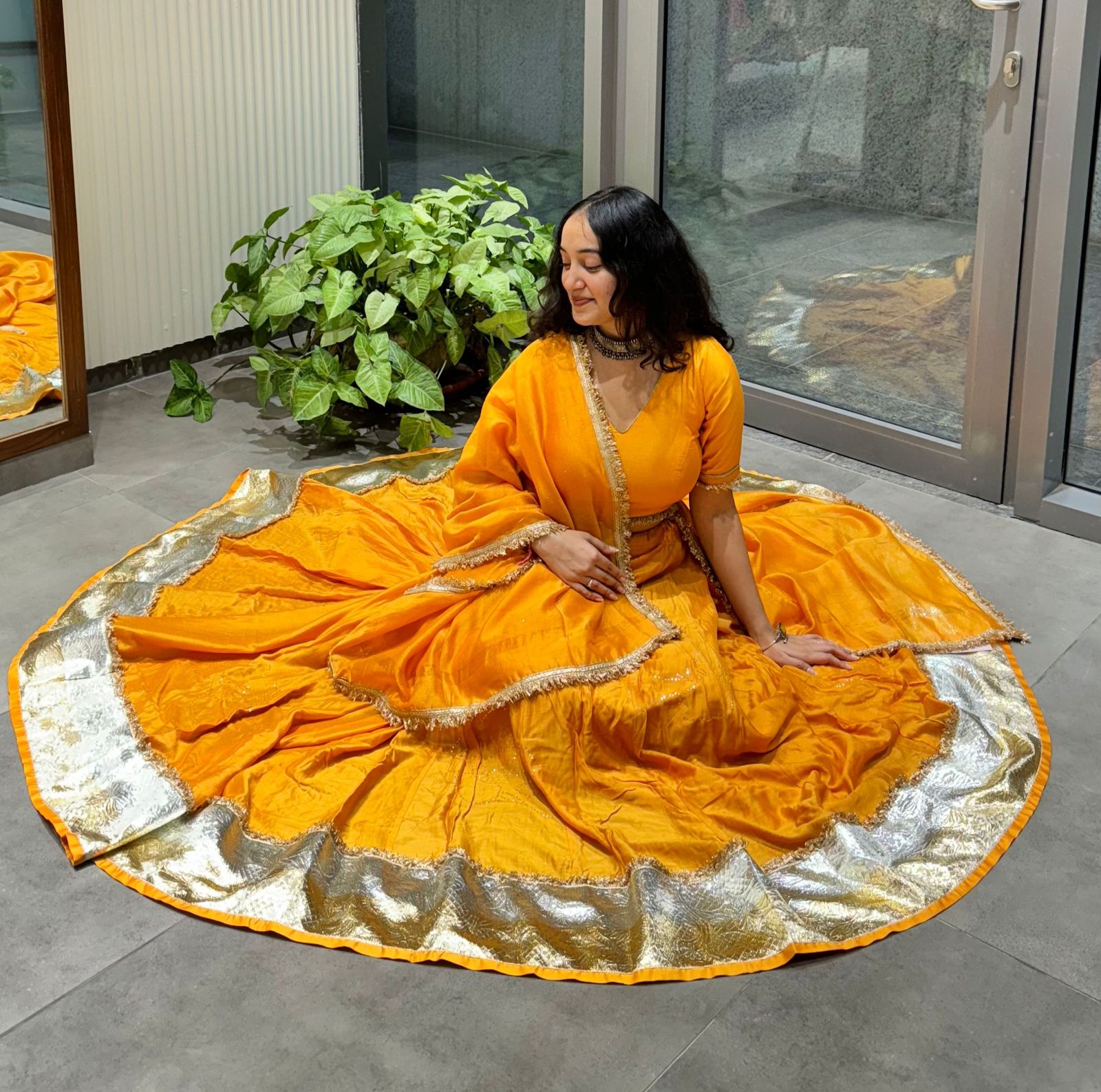 Mukaish Phool Chaniya- Mustard Orange