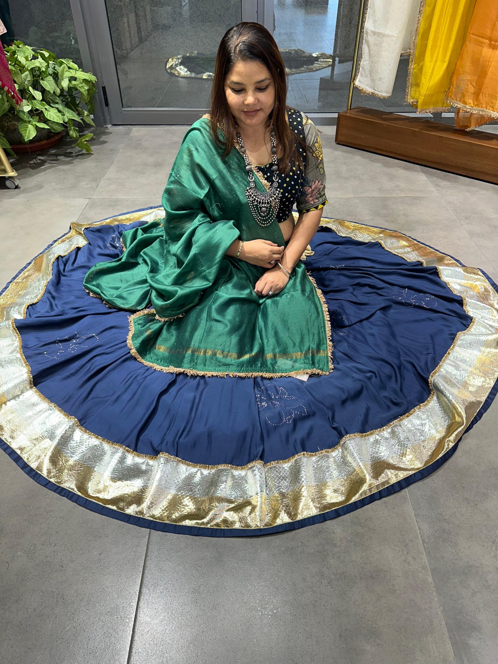 Mukaish Phool Chaniya- Navy Blue