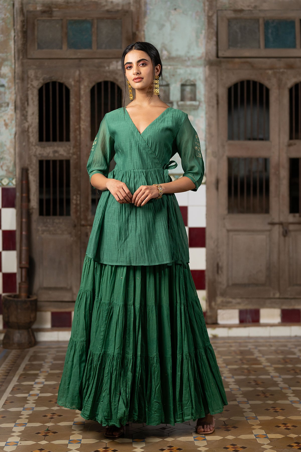Nisha Chanderi silk Wrap top - Green