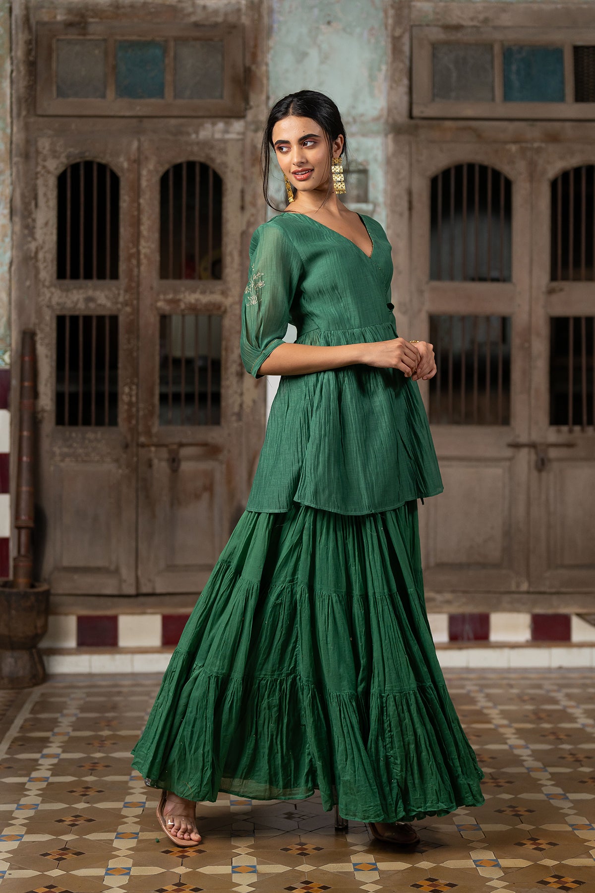 Nisha Chanderi silk Wrap top - Green