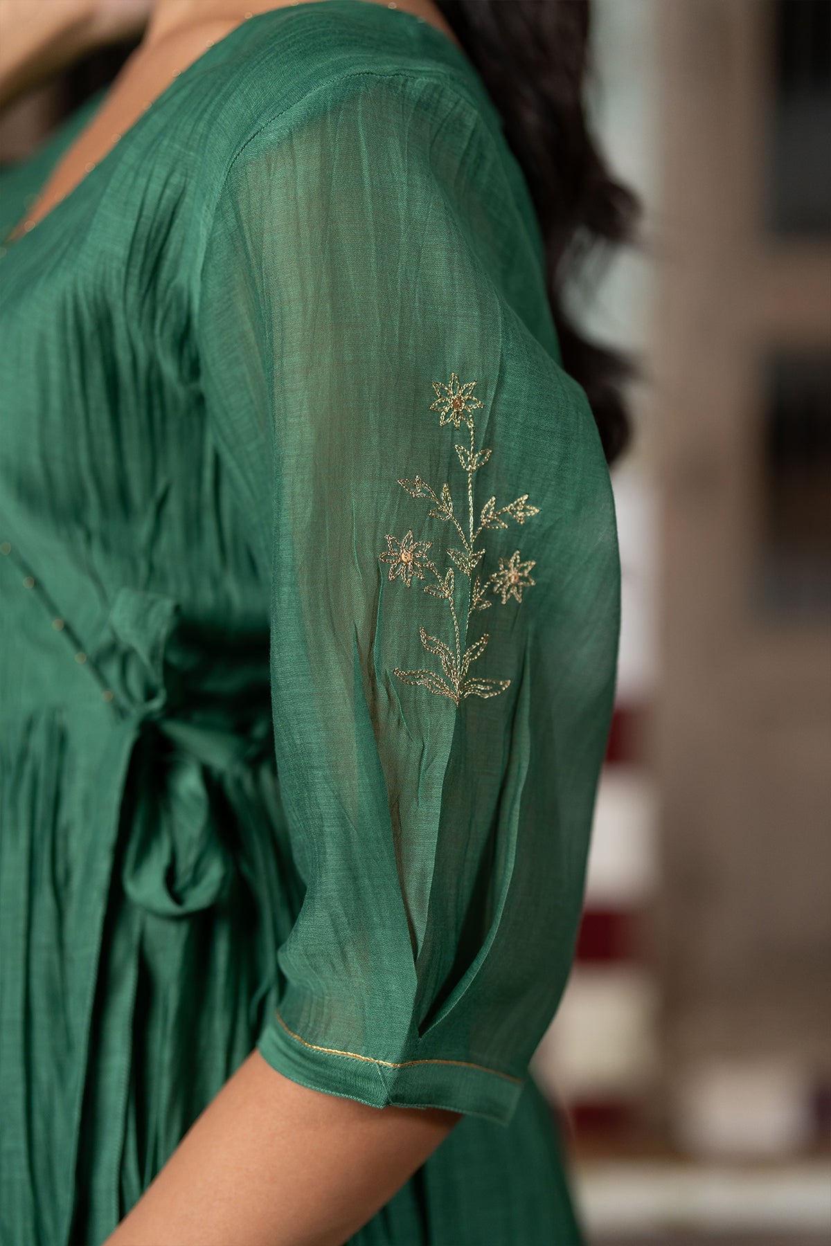 Nisha Chanderi silk Wrap top - Green