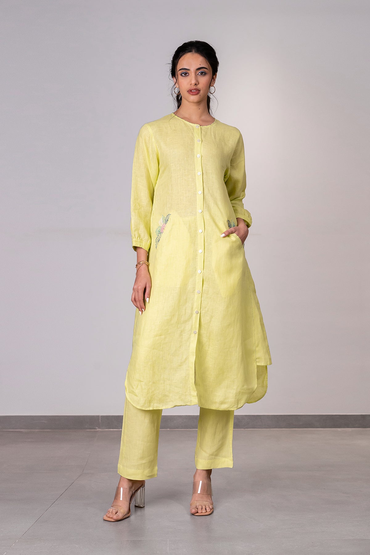 Olivia Linen Kurta - Pants Set with Pockets - Lime