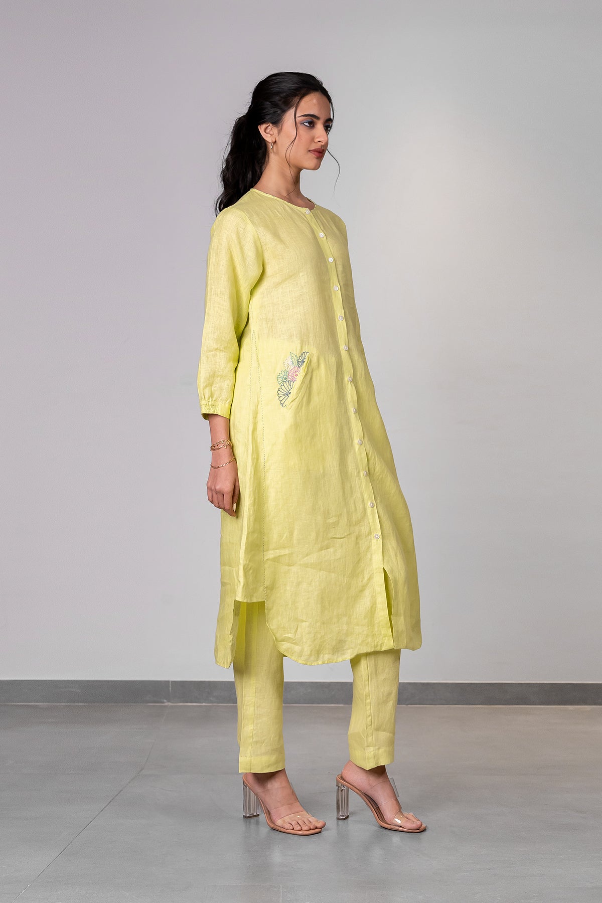 Olivia Linen Kurta - Pants Set with Pockets - Lime