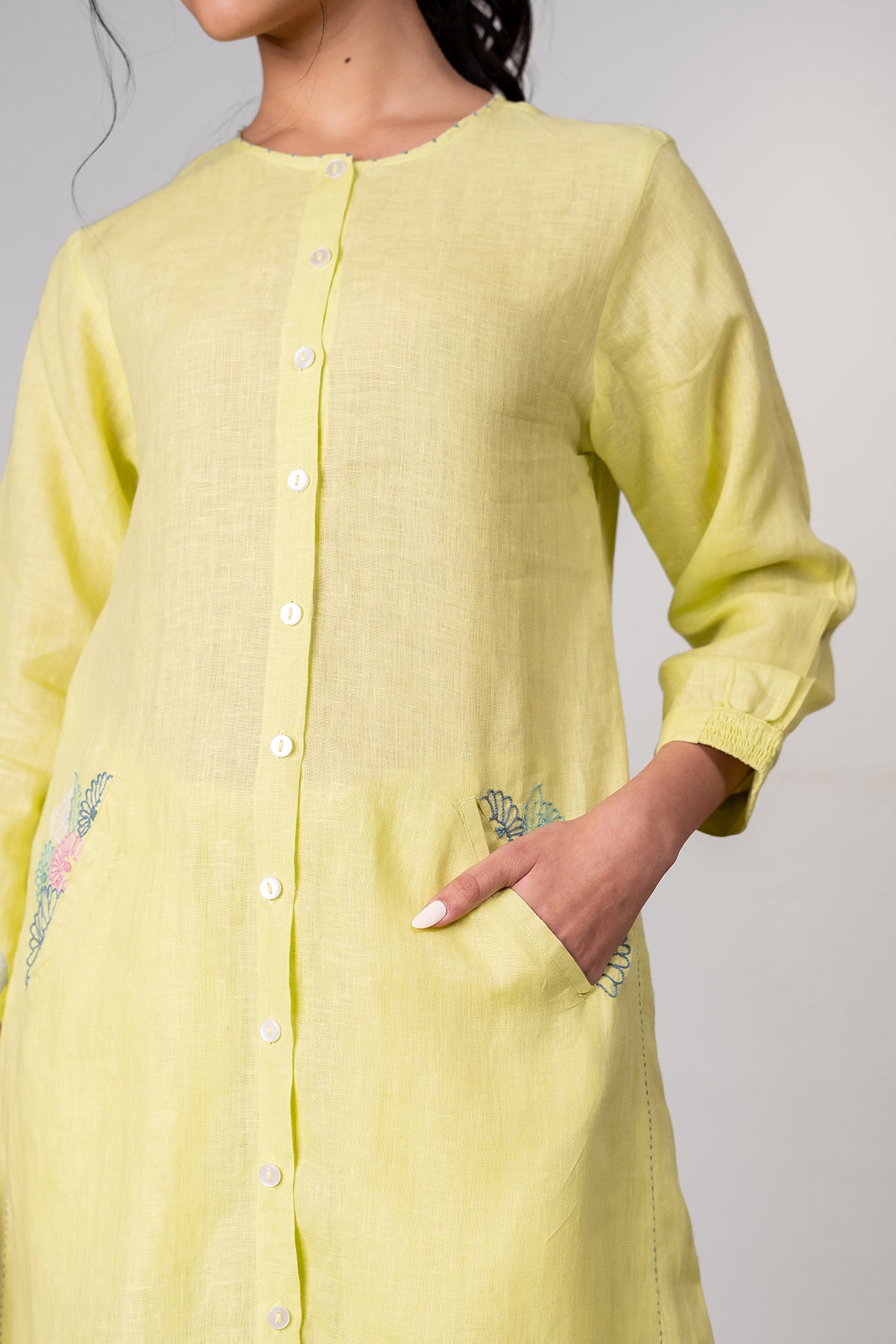 Olivia Linen Kurta - Pants Set with Pockets - Lime