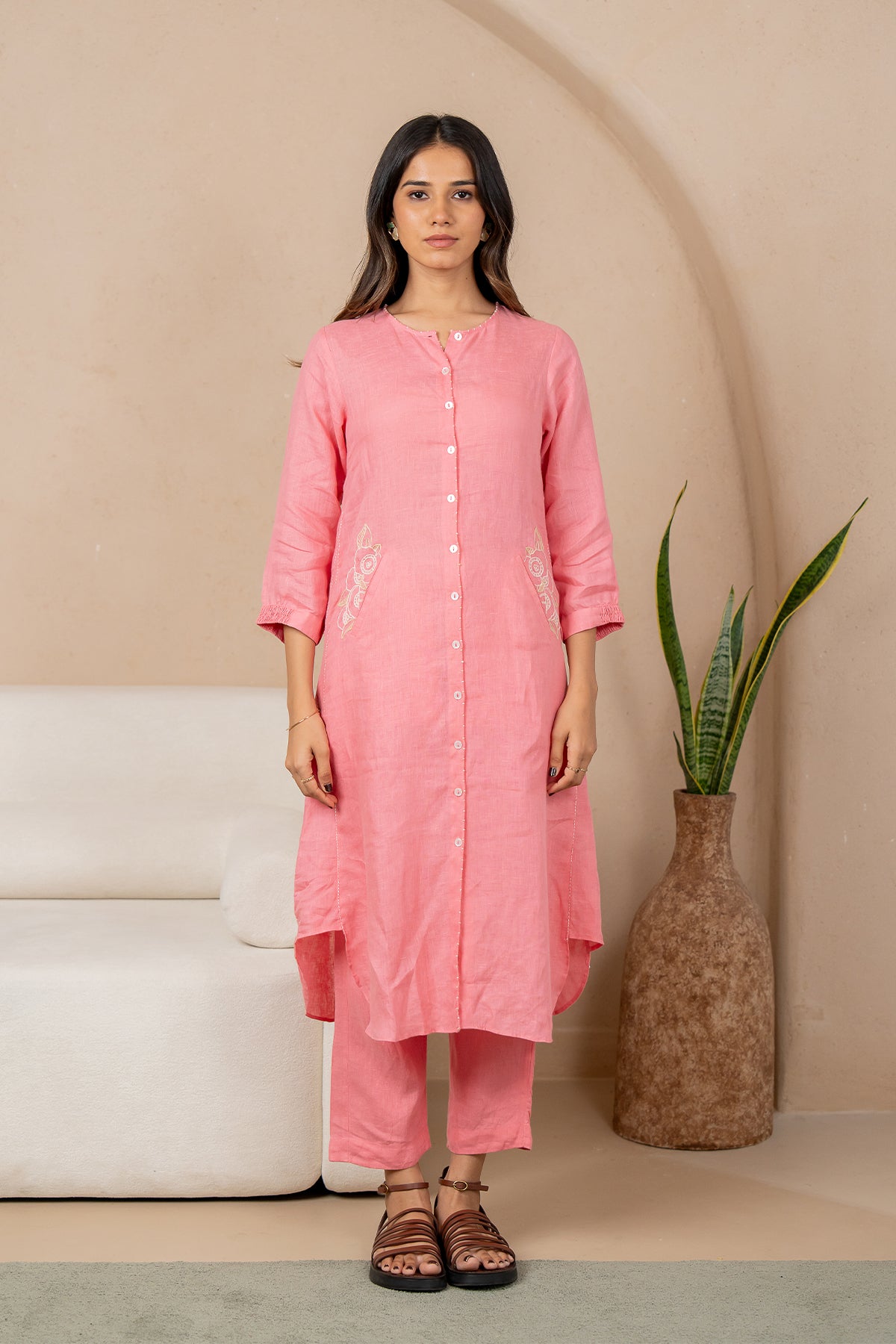 Olivia-Linen-Kurta-and-Pants-Set-With-Pockets-Flamingo-Pink-