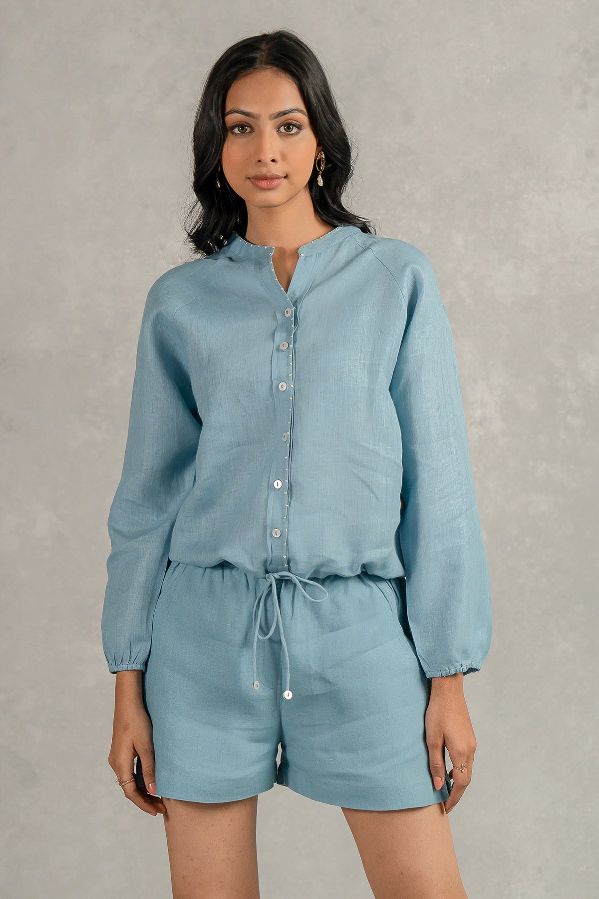 Paloma Linen Drawstring Shirt - Icy Blue