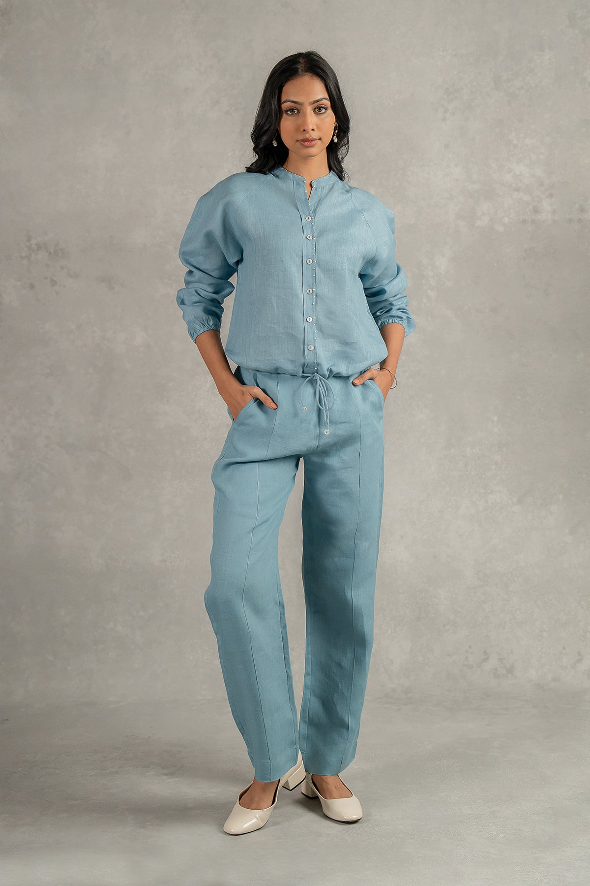 Paloma Linen Drawstring Shirt - Icy Blue