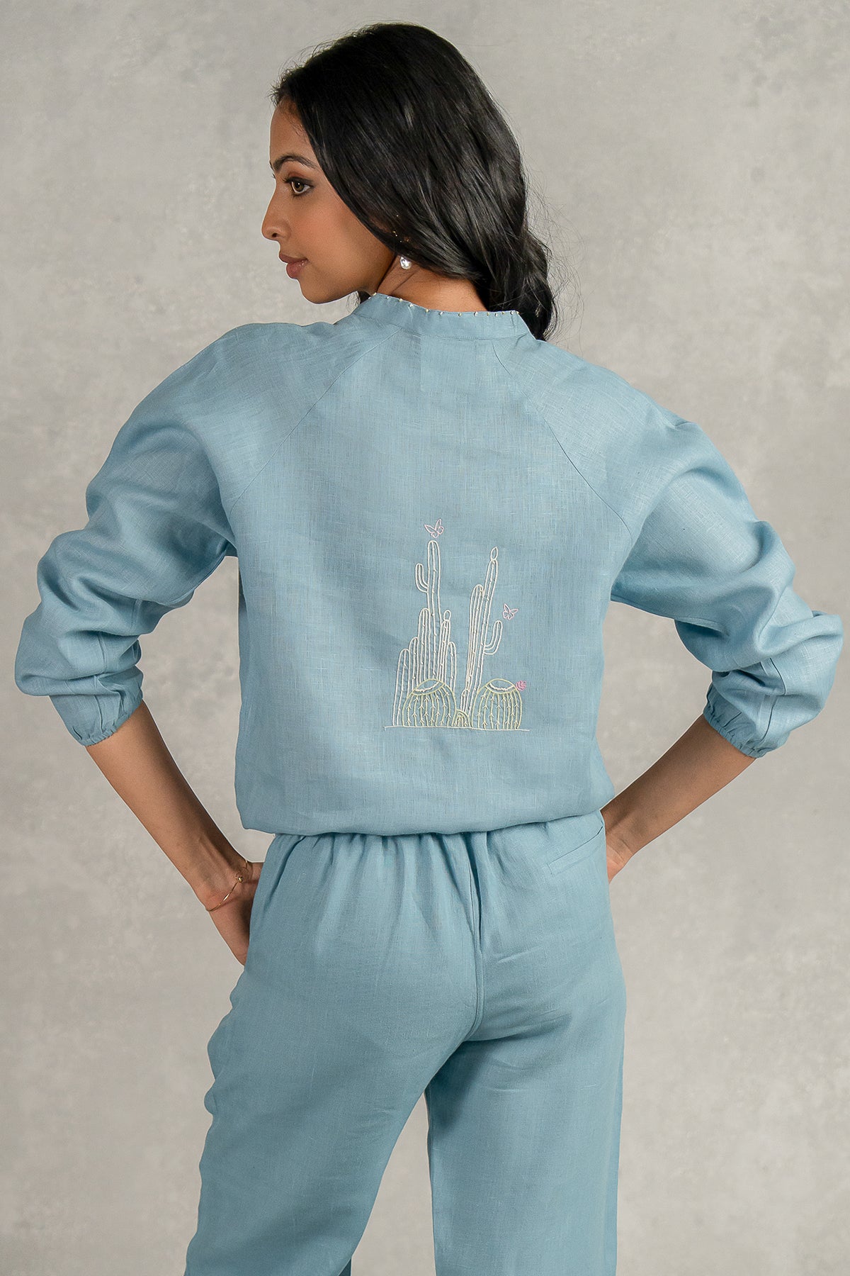 Paloma Linen Drawstring Shirt - Icy Blue