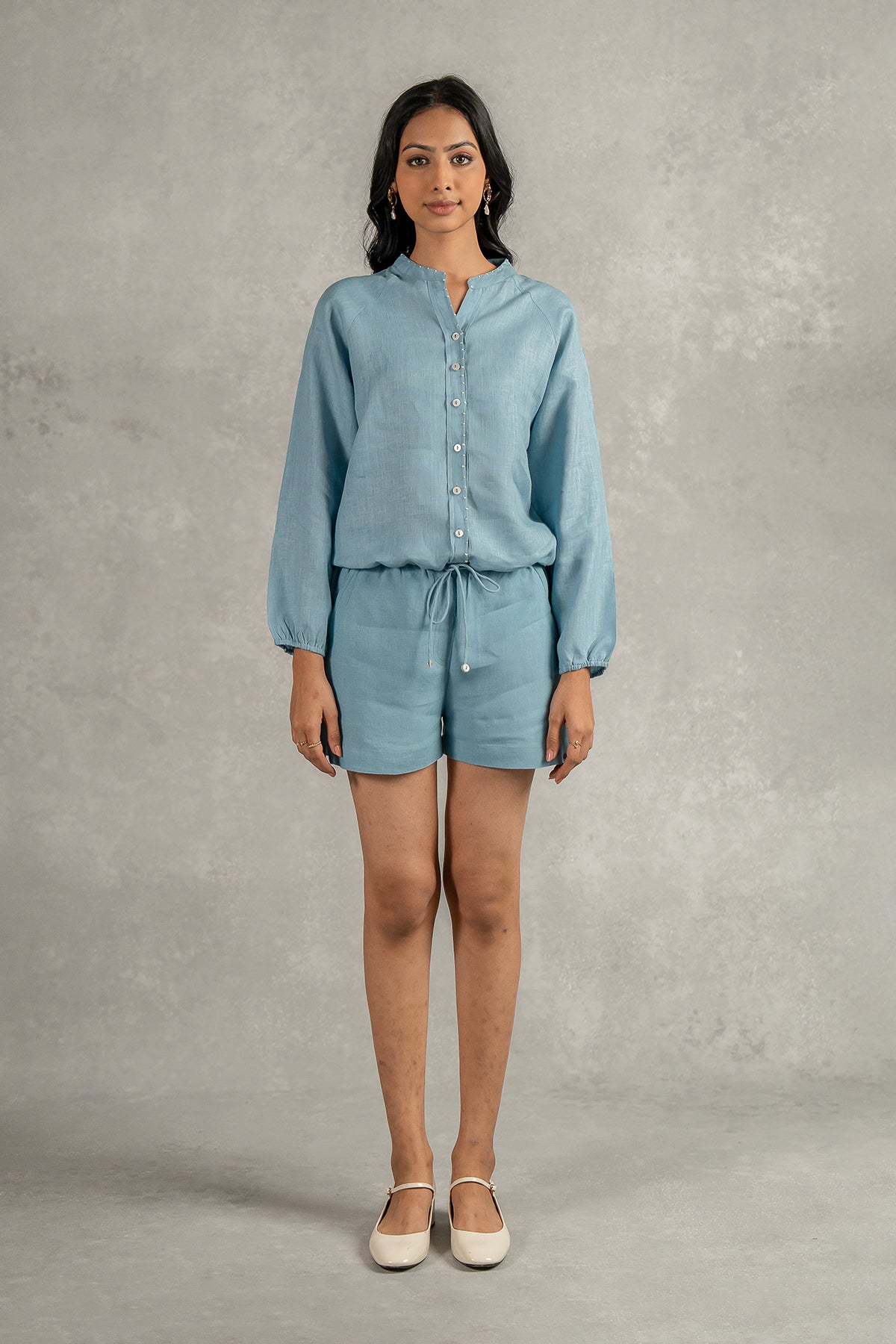 Paloma Linen Drawstring Shirt - Icy Blue