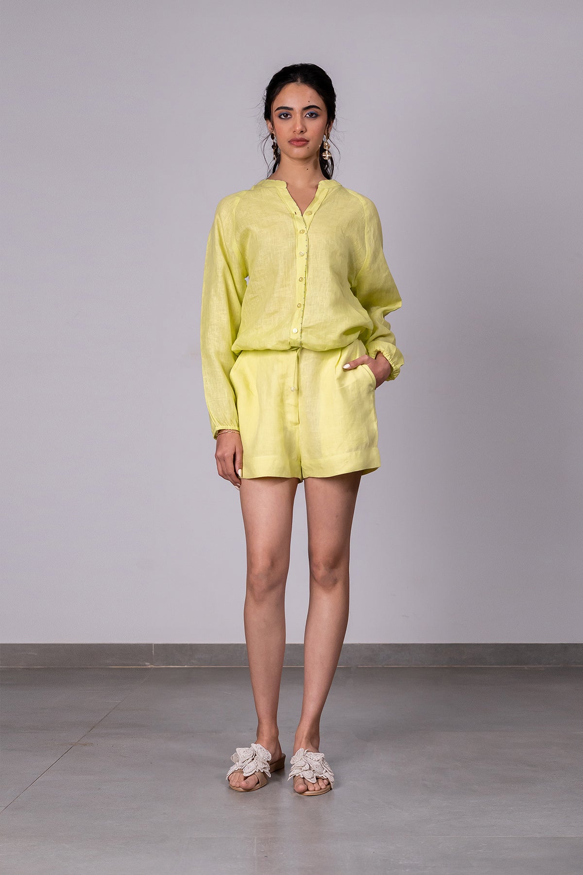 Paloma Linen Drawstring Shirt – Lime