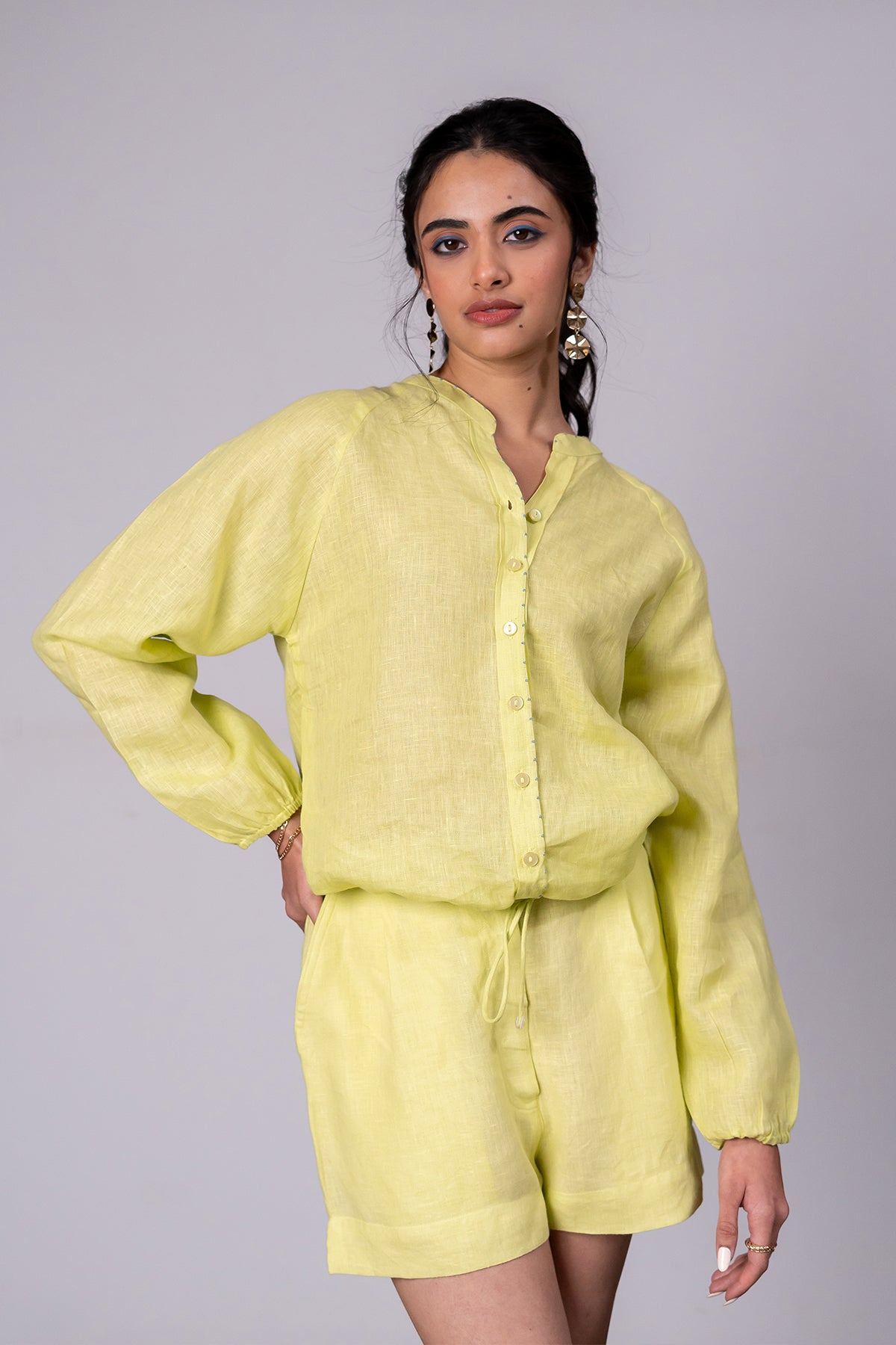 Paloma Linen Drawstring Shirt – Lime