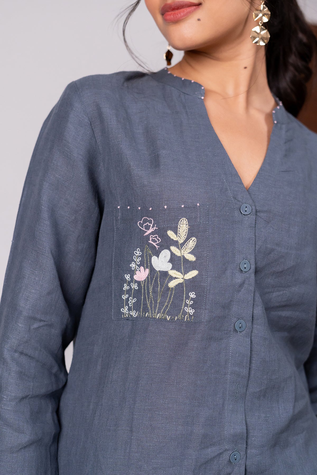Pamela Linen Shirt With Patch Pocket – Charcoal Grey
