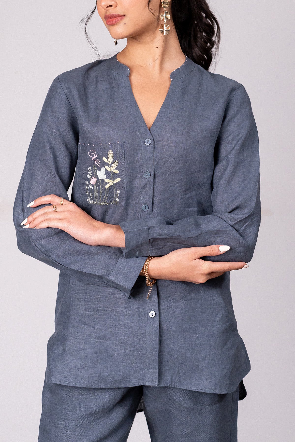 Pamela Linen Shirt With Patch Pocket – Charcoal Grey