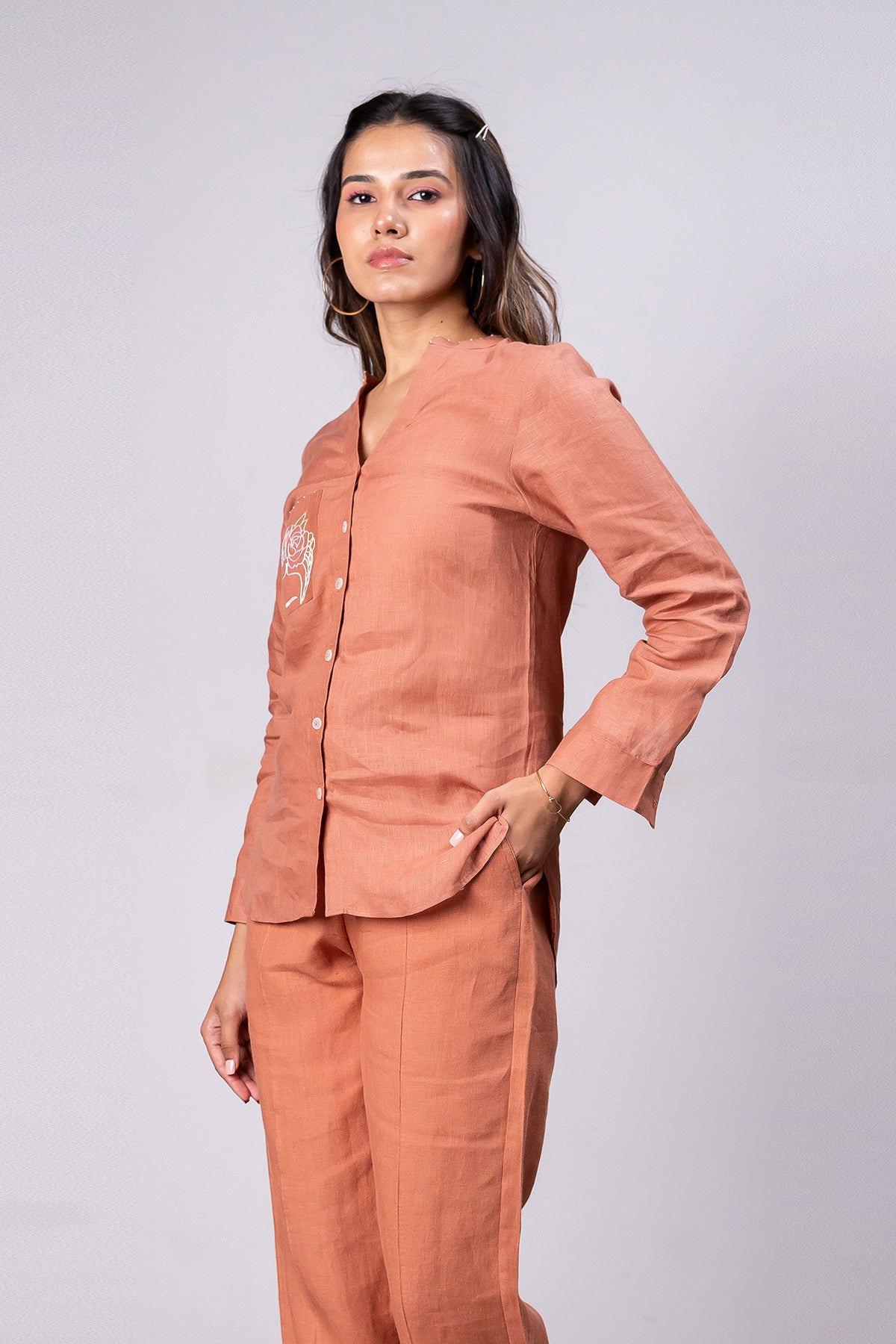 Pamela Linen Shirt With Patch Pocket – Sand Brown